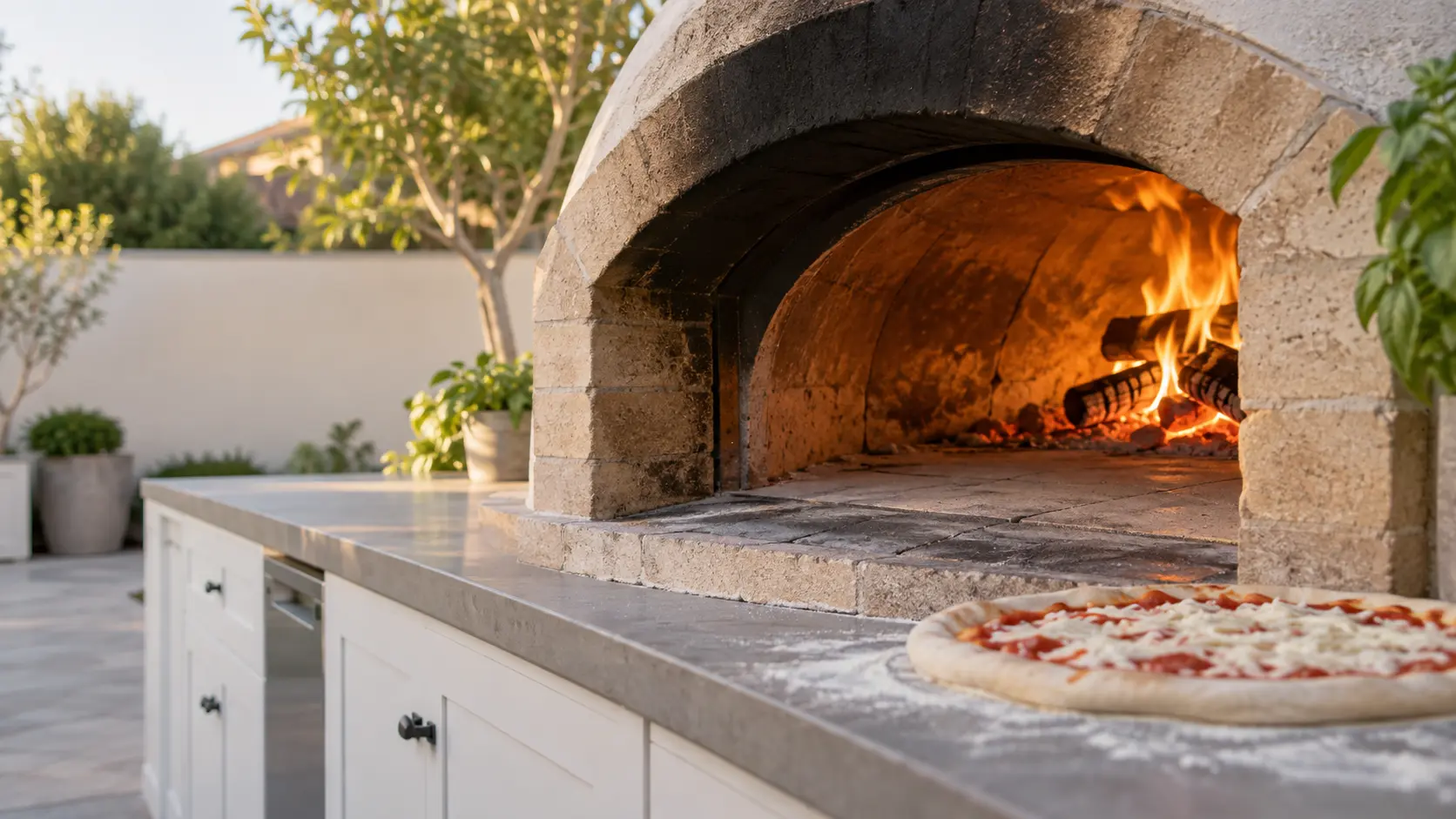 A backyard patio with a wood-fired pizza oven and white shaker cabinets, seen close at the pizza oven's mouth.