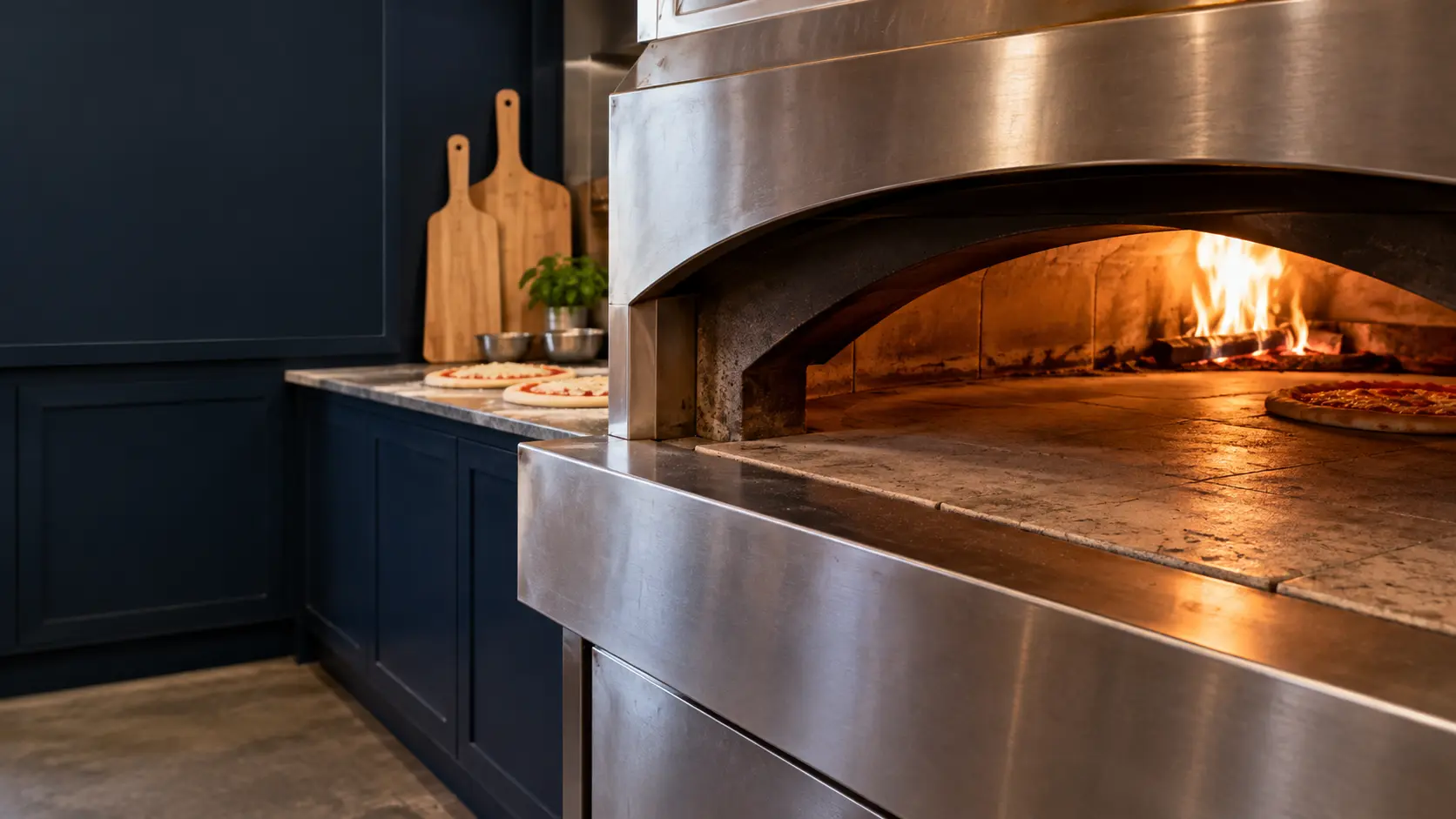 A pizzeria kitchen with a deck oven and navy painted cabinets, seen close at the pizza oven's mouth.