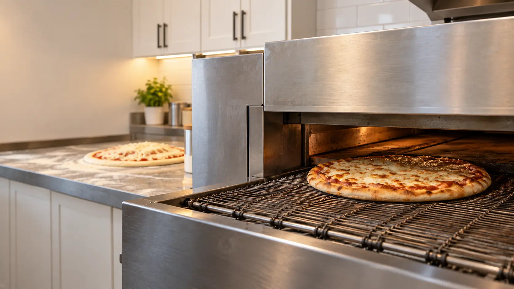 A pizzeria with a conveyor oven and white shaker cabinets, seen close at the pizza oven's mouth.