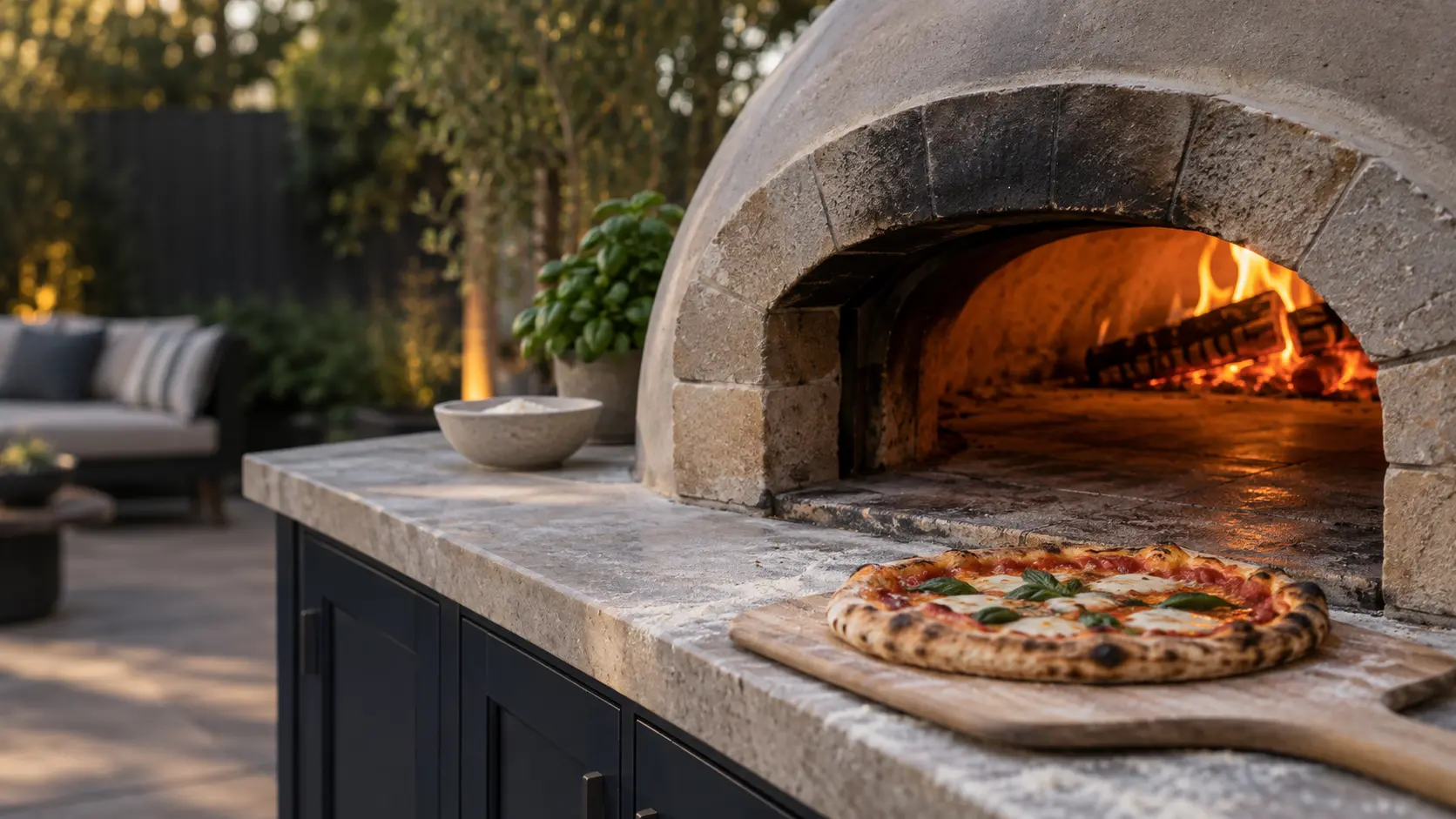 A backyard patio with a wood-fired pizza oven and navy painted cabinets, seen close at the pizza oven's mouth.