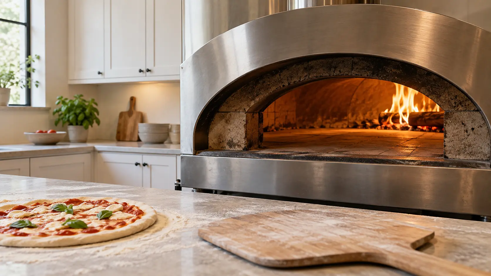 A pizzeria kitchen with a deck oven and white shaker cabinets, seen close at the pizza oven's mouth.