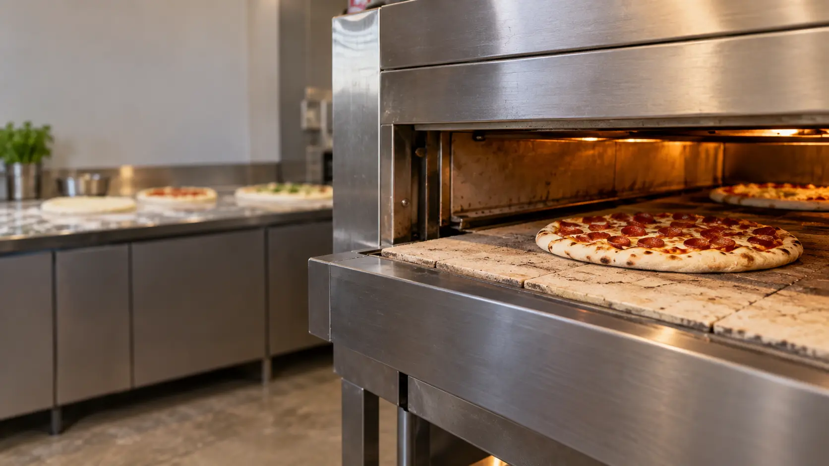 A pizzeria with a conveyor oven and gray slab cabinets, seen close at the pizza oven's mouth.