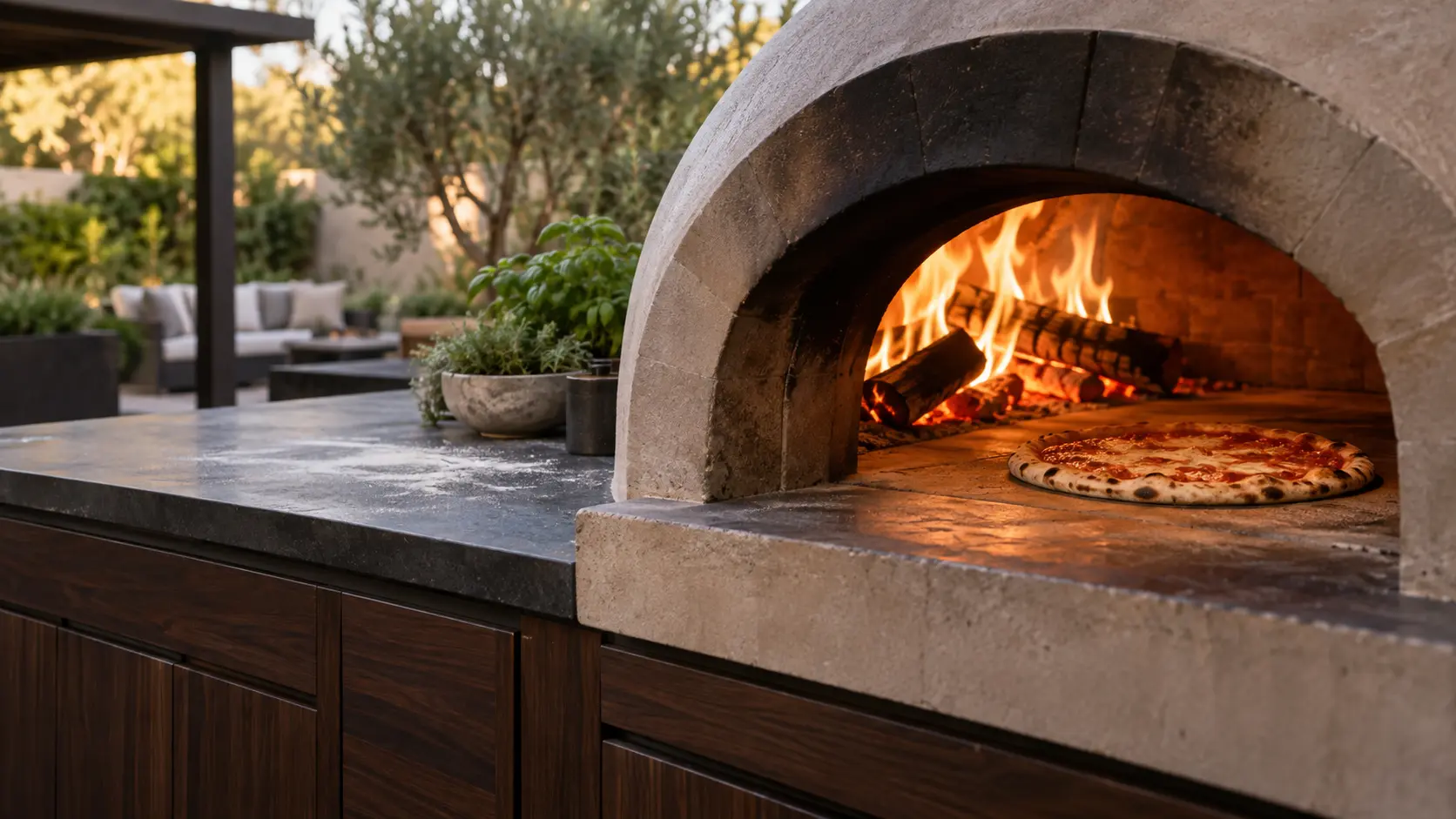 A backyard patio with a wood-fired pizza oven and dark walnut cabinets, seen close at the pizza oven's mouth.