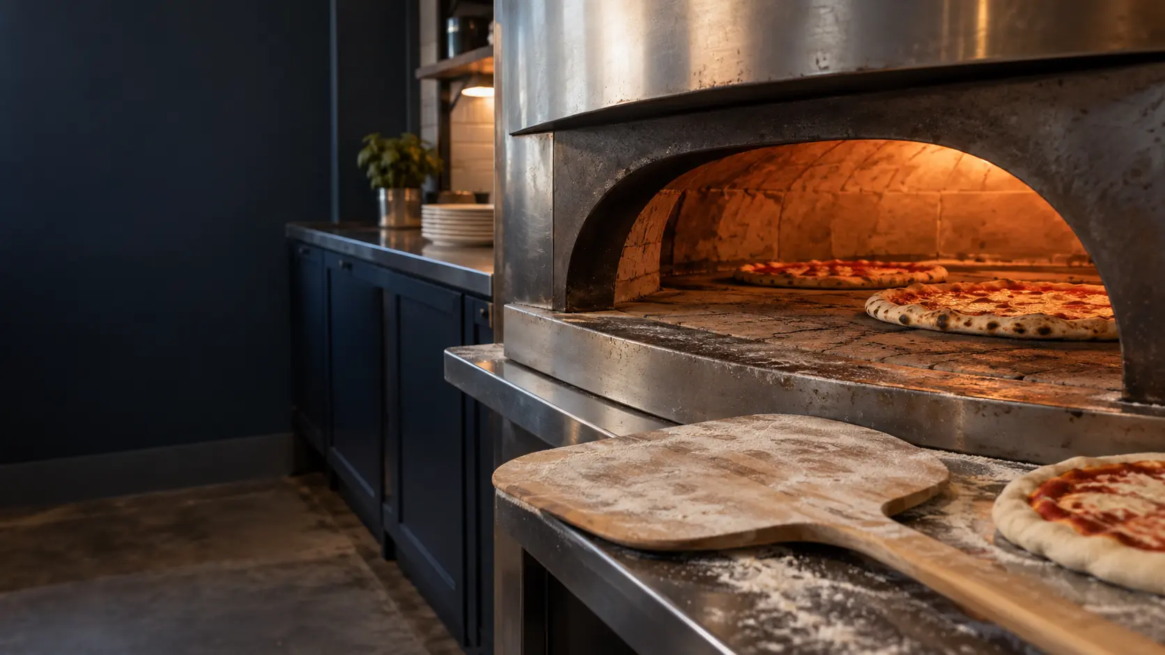 A pizzeria kitchen with a deck oven and navy painted cabinets, seen close at the pizza oven's mouth.