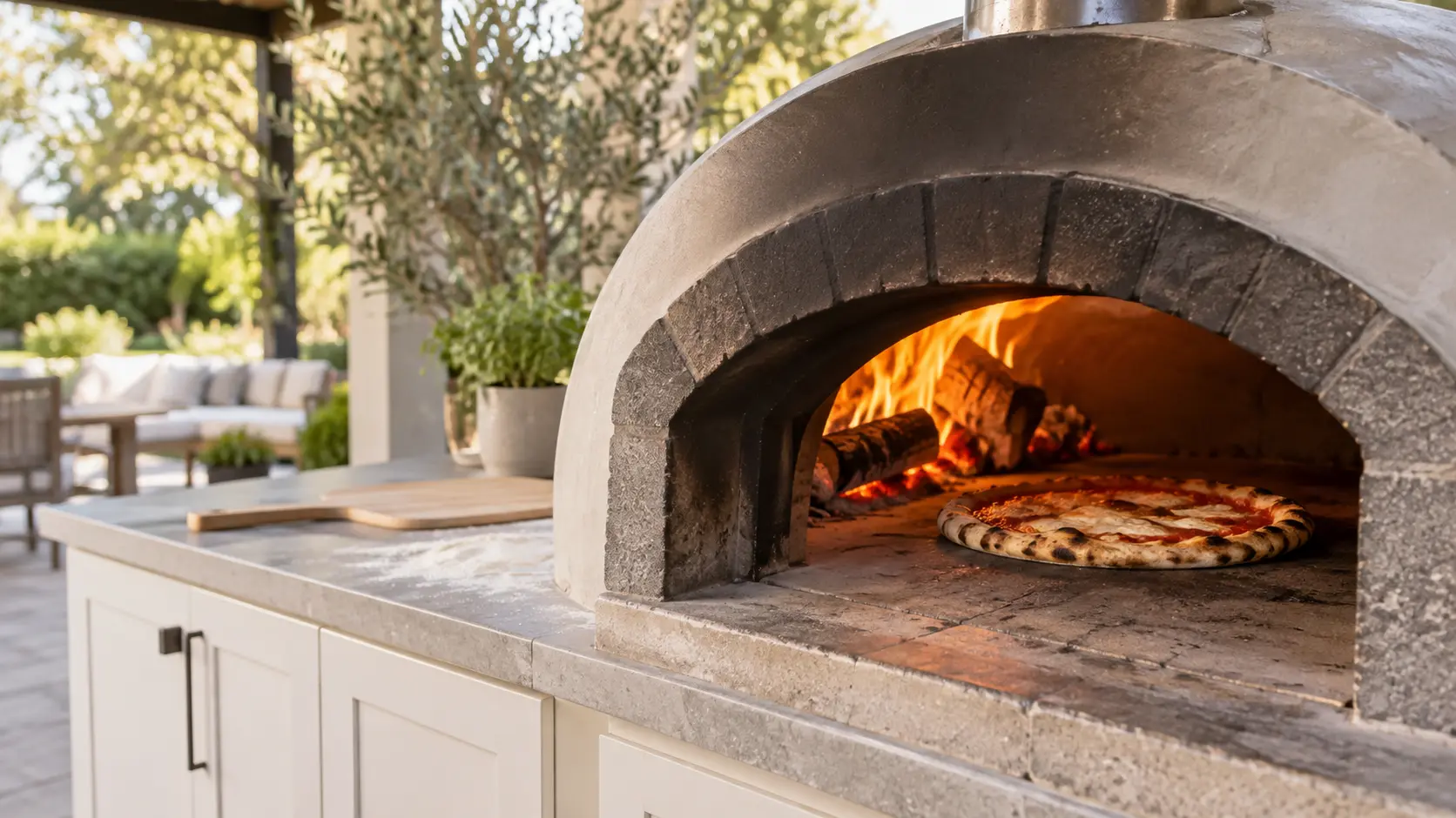 A backyard patio with a wood-fired pizza oven and white shaker cabinets, seen close at the pizza oven's mouth.