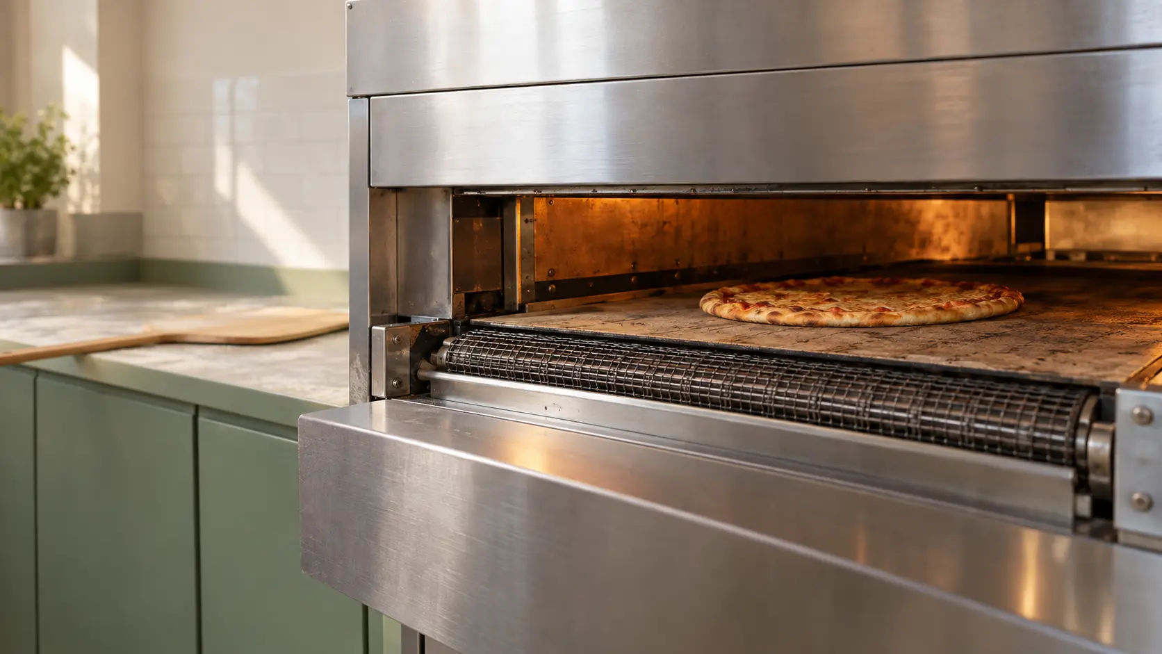 A pizzeria with a conveyor oven and sage green cabinets, seen close at the pizza oven's mouth.
