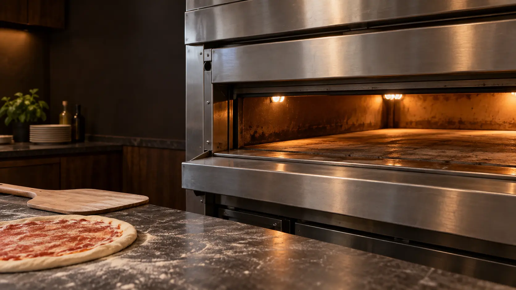 A pizzeria kitchen with a deck oven and dark walnut cabinets, seen close at the pizza oven's mouth.