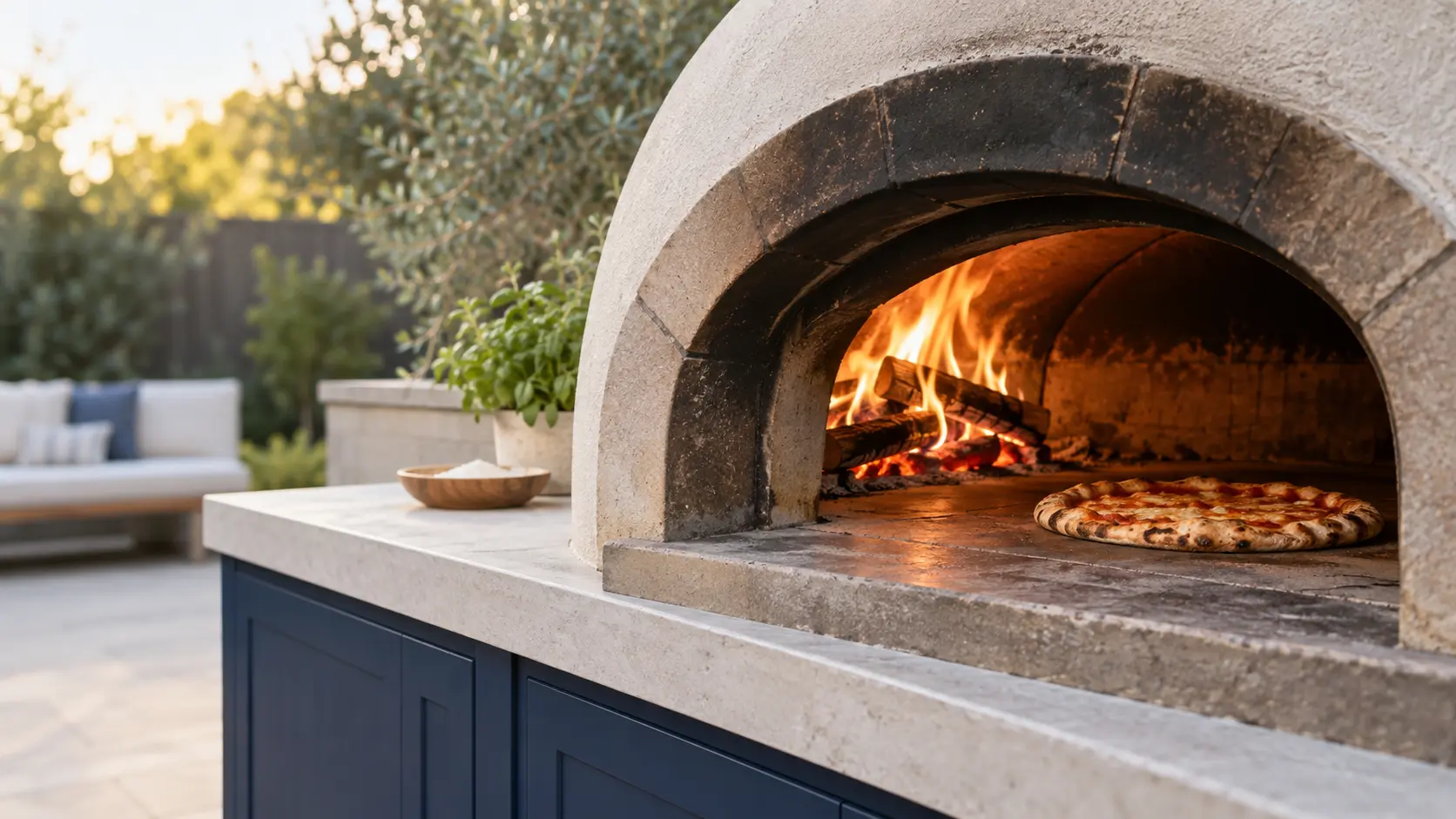 A backyard patio with a wood-fired pizza oven and navy painted cabinets, seen close at the pizza oven's mouth.