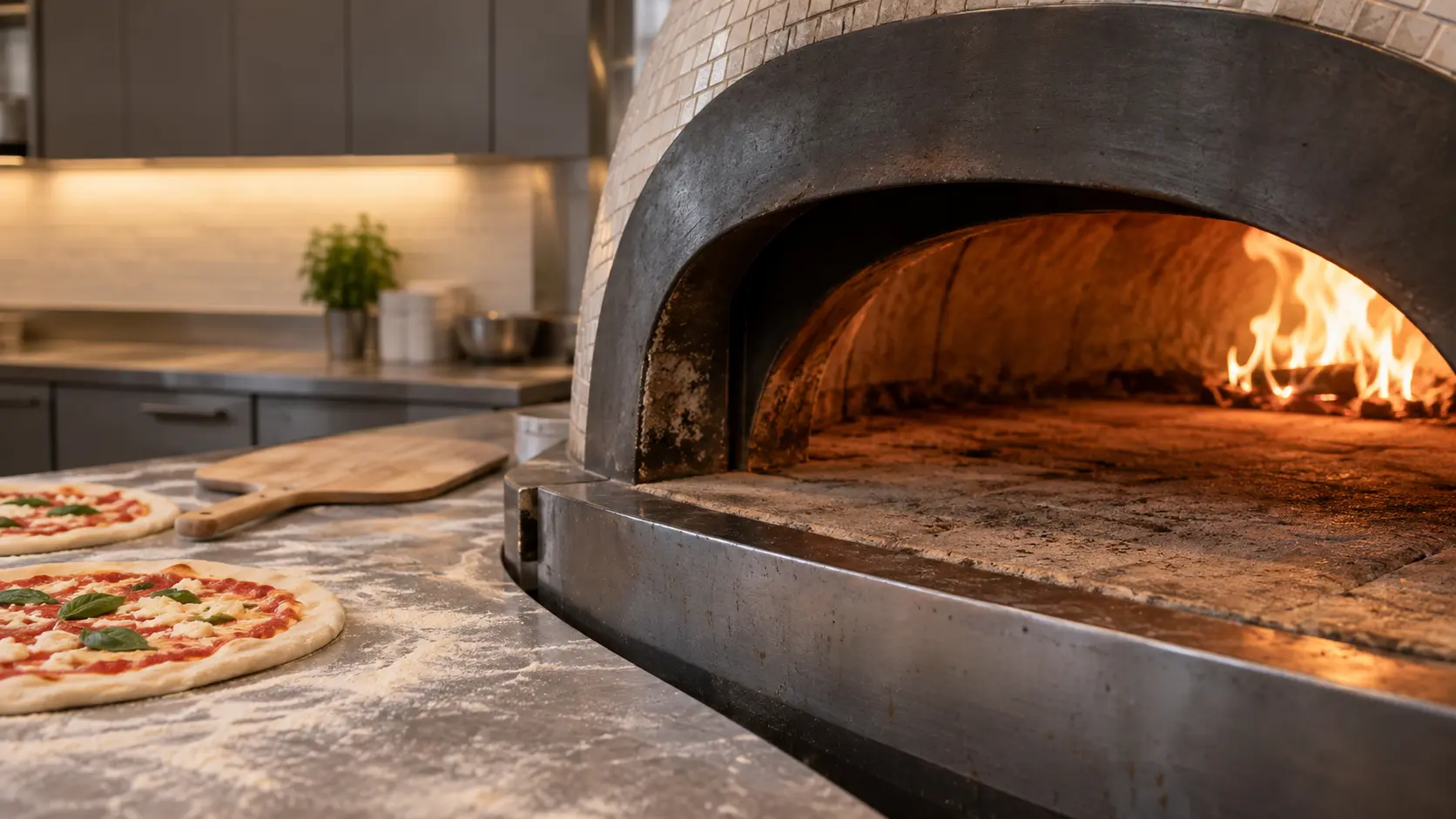 A pizzeria kitchen with a deck oven and gray slab cabinets, seen close at the pizza oven's mouth.