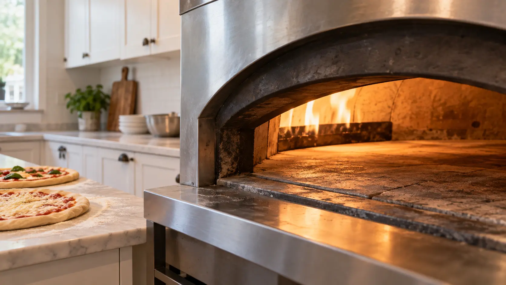A pizzeria kitchen with a deck oven and white shaker cabinets, seen close at the pizza oven's mouth.