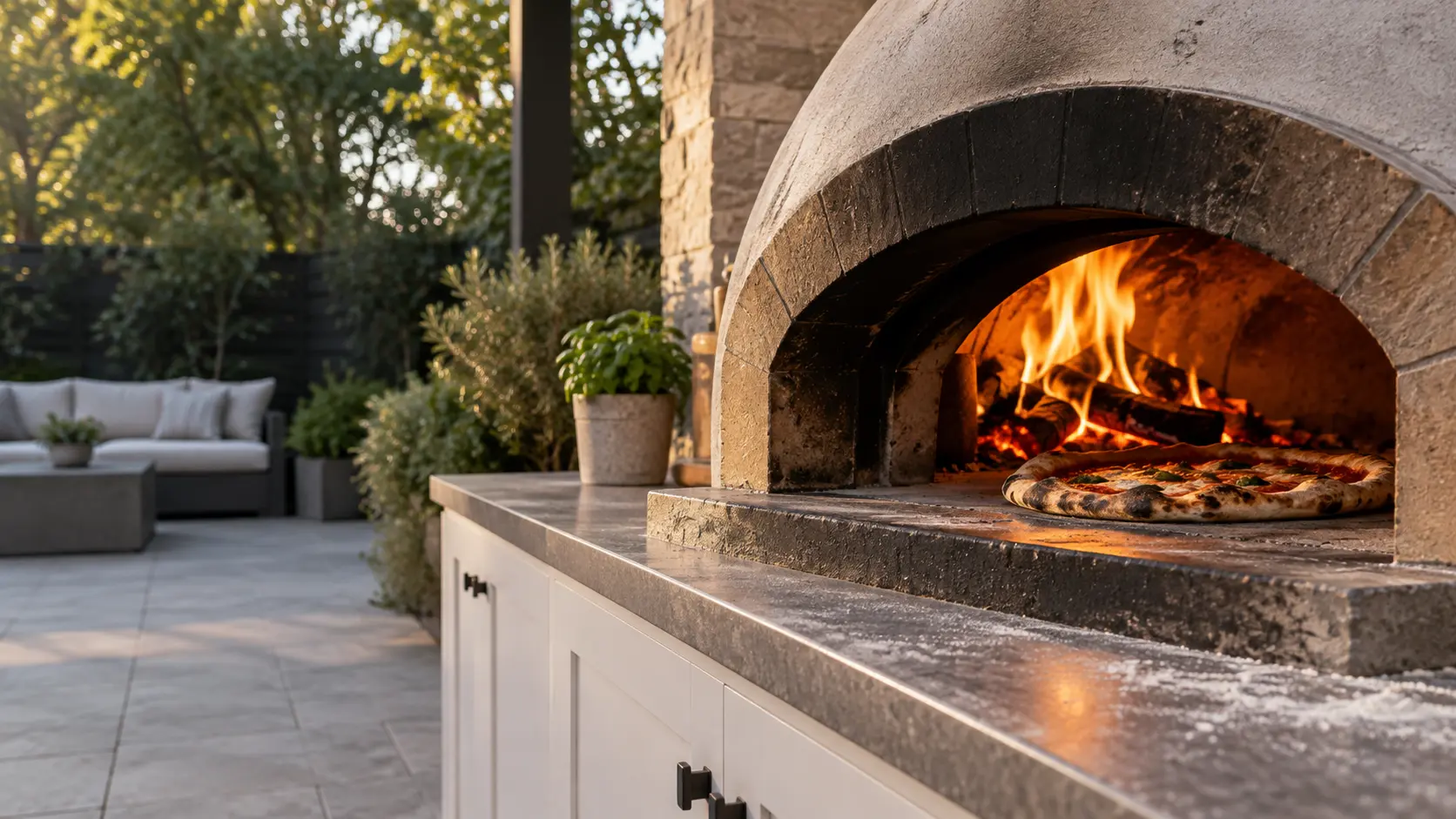 A backyard patio with a wood-fired pizza oven and white shaker cabinets, seen close at the pizza oven's mouth.