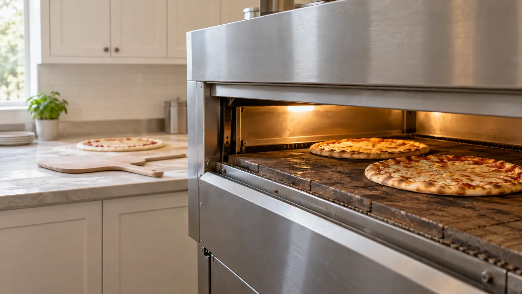 A pizzeria with a conveyor oven and white shaker cabinets, seen close at the pizza oven's mouth.