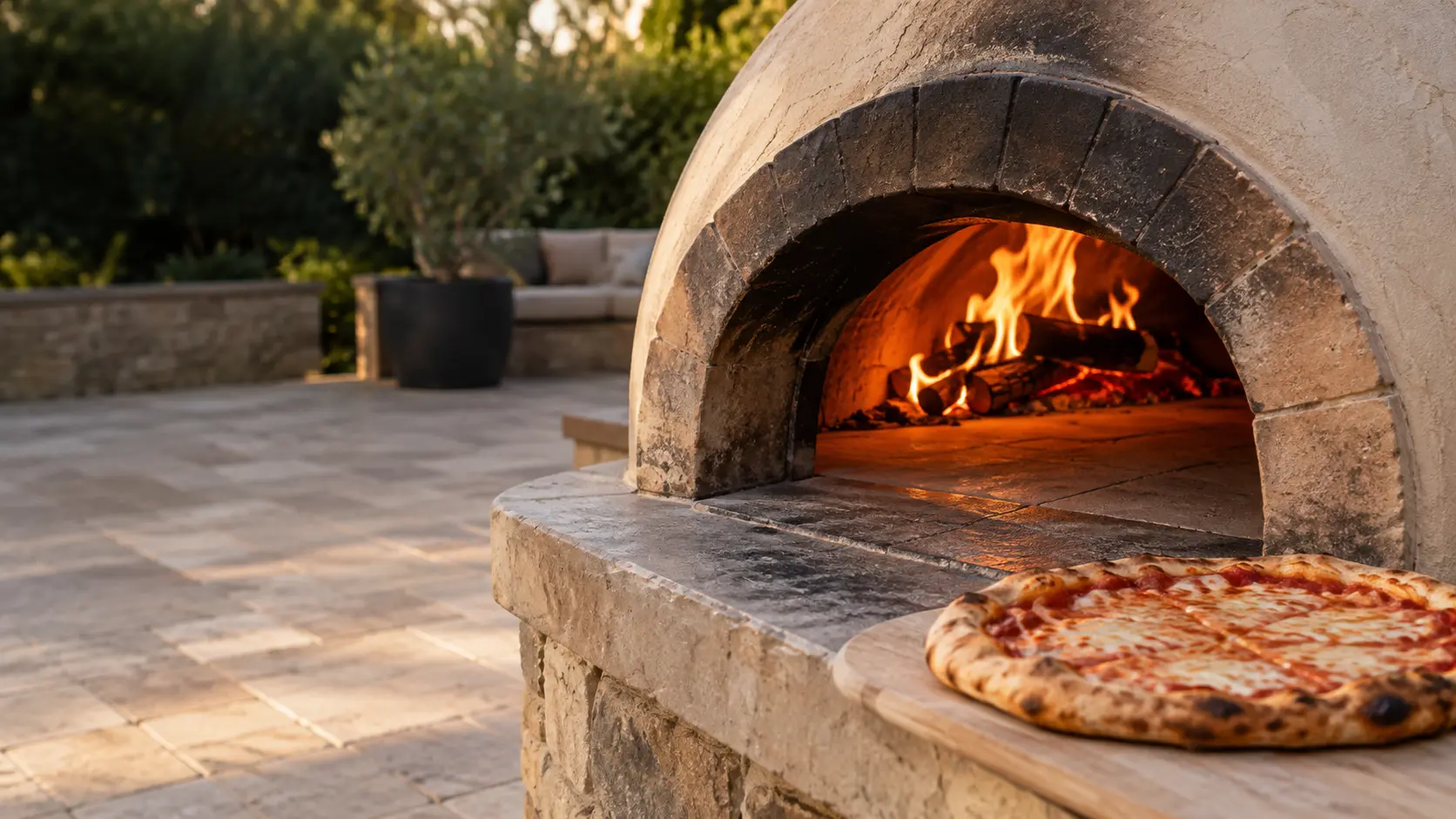 A backyard patio with a wood-fired pizza oven and travertine pavers, seen close at the pizza oven's mouth.