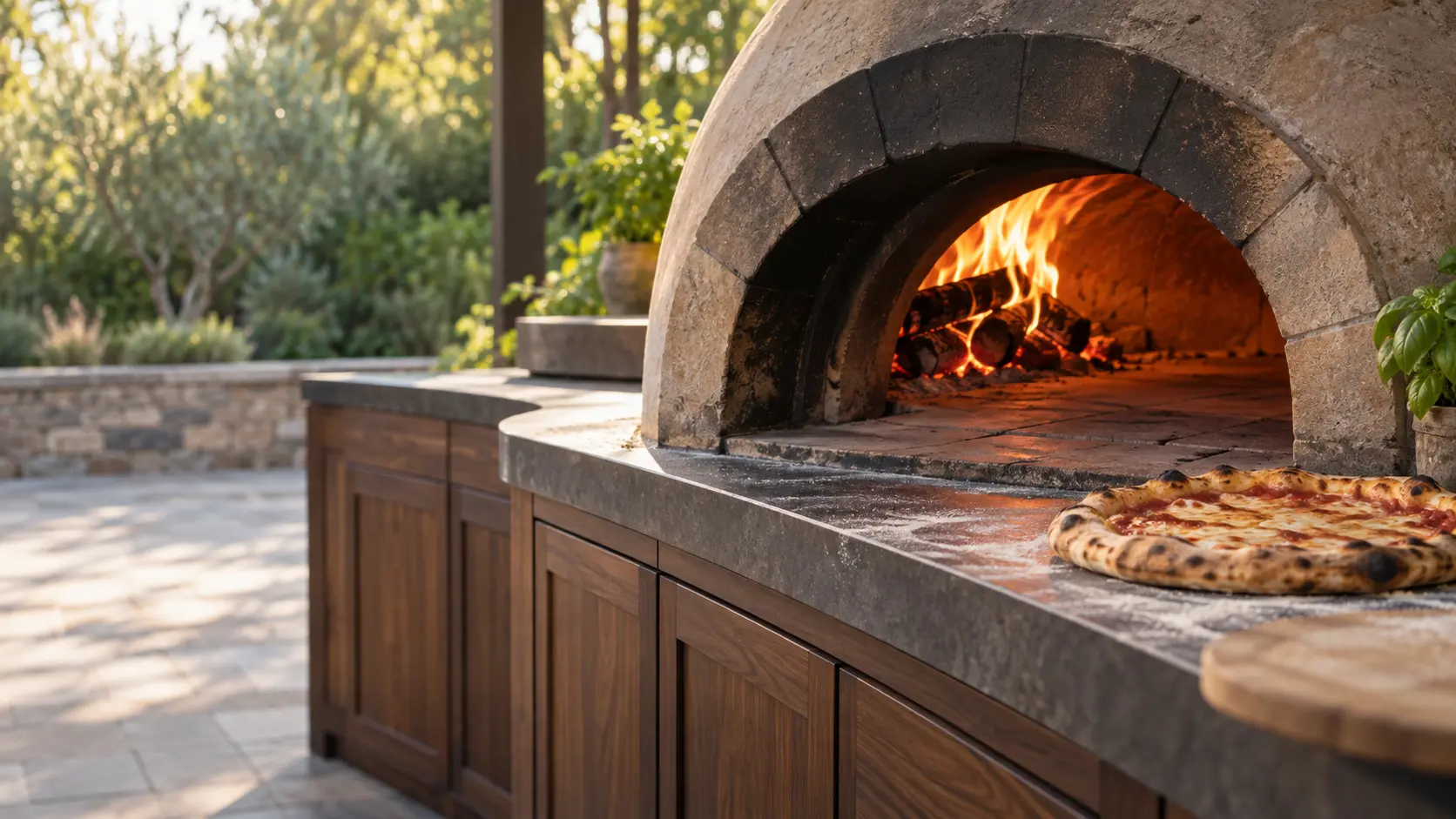 A backyard patio with a wood-fired pizza oven and dark walnut cabinets, seen close at the pizza oven's mouth.