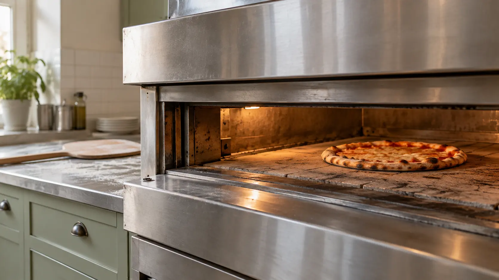 A pizzeria kitchen with a deck oven and sage green cabinets, seen close at the pizza oven's mouth.