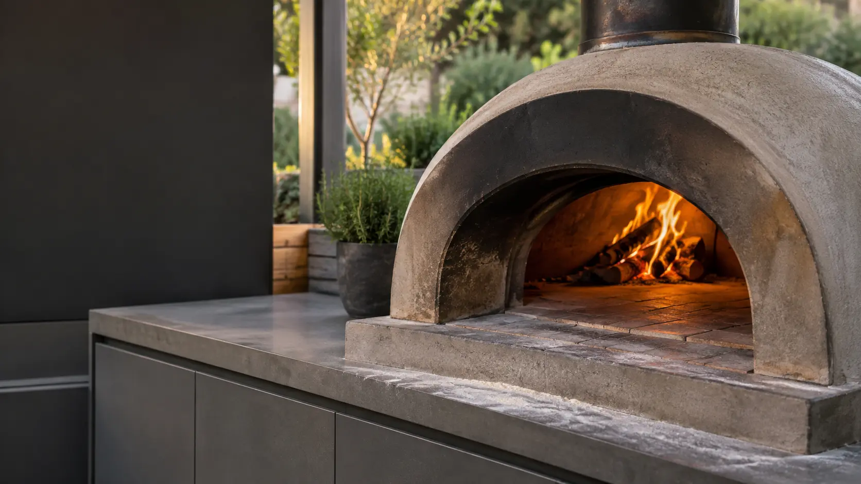 A backyard patio with a wood-fired pizza oven and gray slab cabinets, seen close at the pizza oven's mouth.