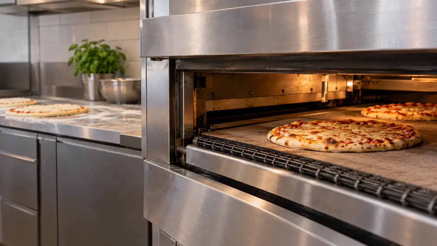A pizzeria with a conveyor oven and gray slab cabinets, seen close at the pizza oven's mouth.