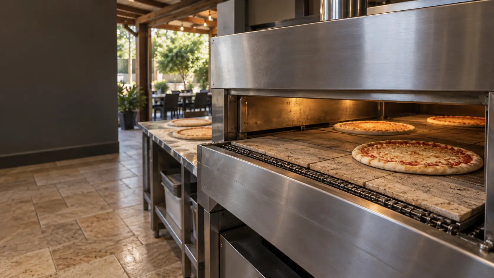 A pizzeria with a conveyor oven and travertine pavers, seen close at the pizza oven's mouth.