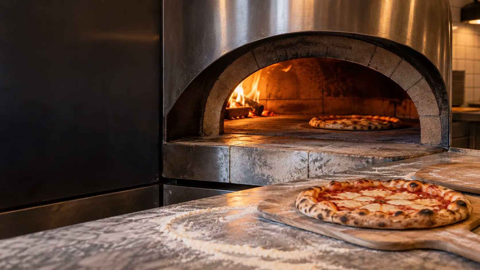 A pizzeria kitchen with a deck oven and travertine pavers, seen close at the pizza oven's mouth.