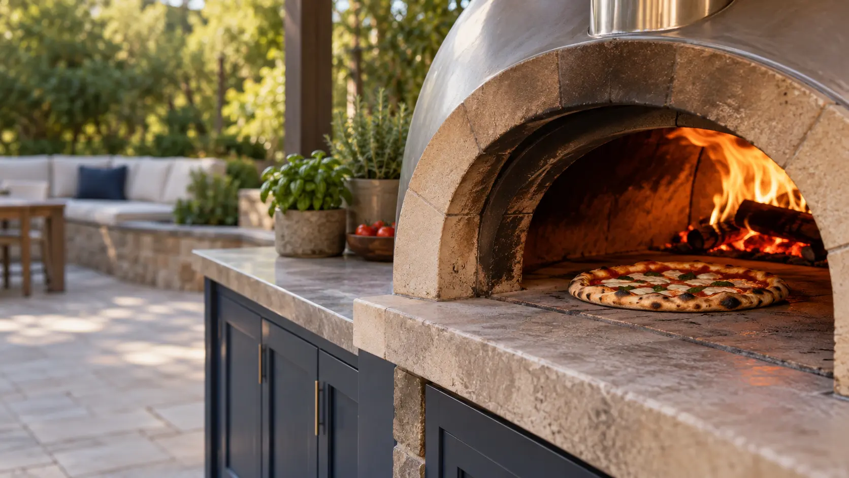 A backyard patio with a wood-fired pizza oven and navy painted cabinets, seen close at the pizza oven's mouth.