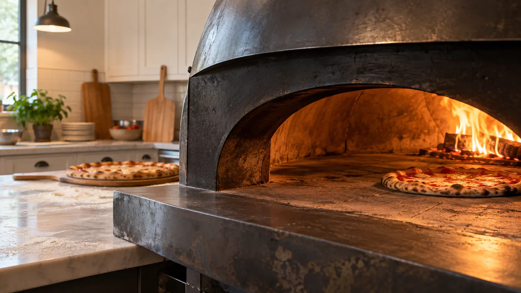 A pizzeria kitchen with a deck oven and white shaker cabinets, seen close at the pizza oven's mouth.
