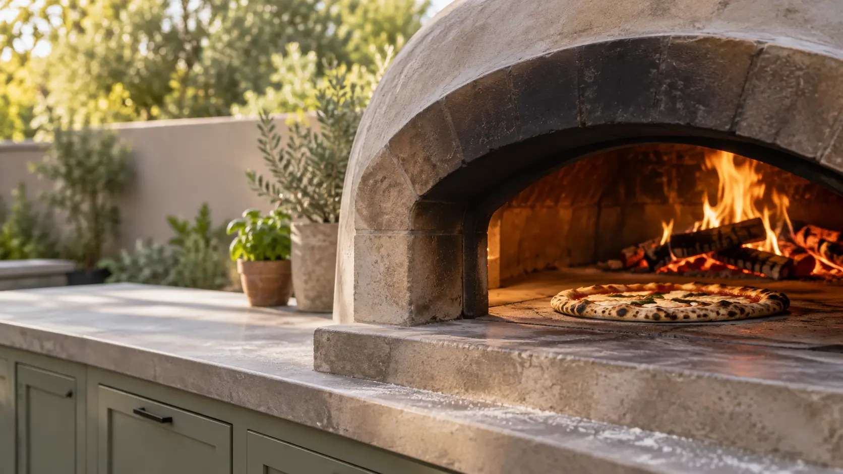 A backyard patio with a wood-fired pizza oven and sage green cabinets, seen close at the pizza oven's mouth.