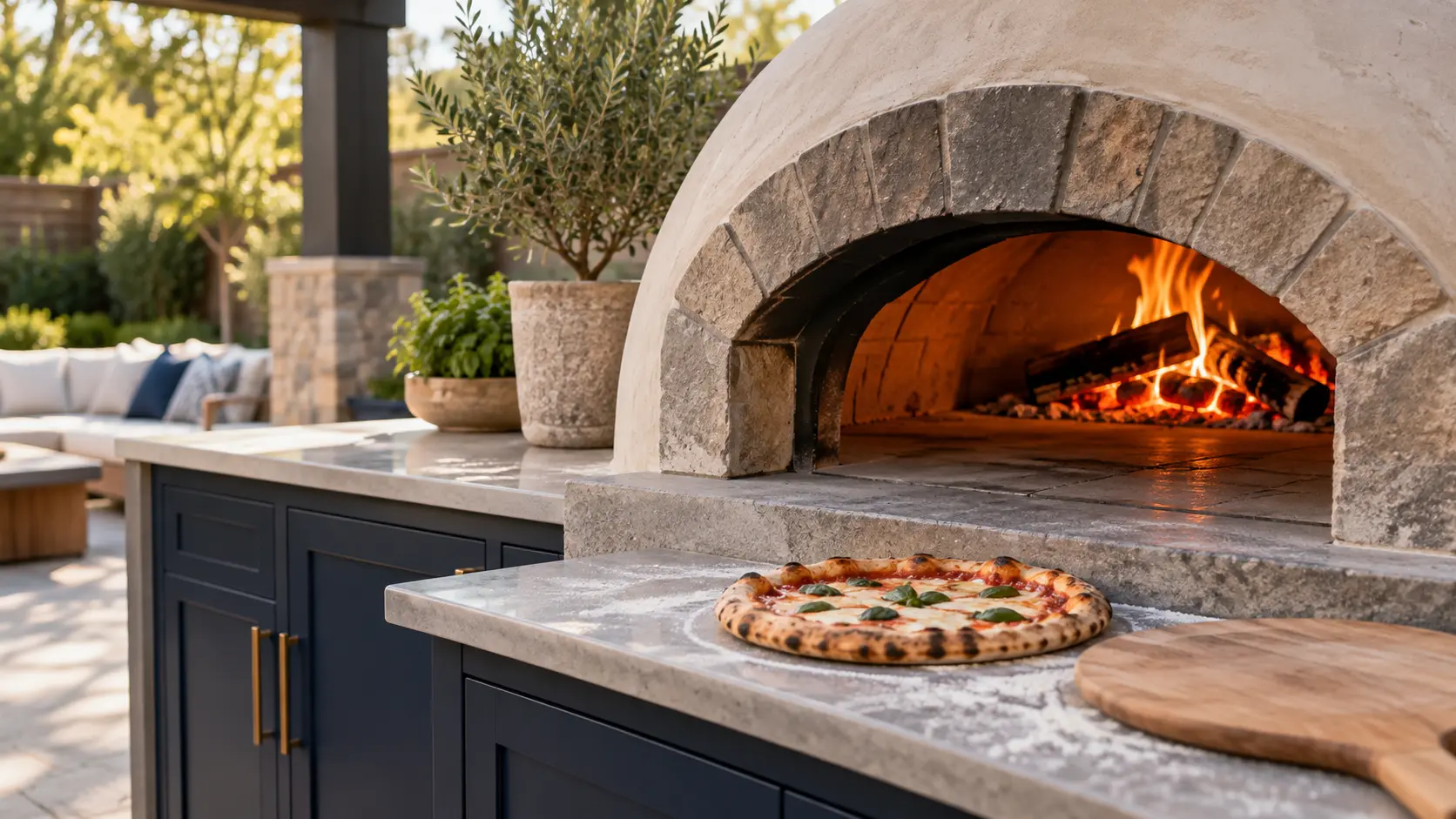 A backyard patio with a wood-fired pizza oven and navy painted cabinets, seen close at the pizza oven's mouth.