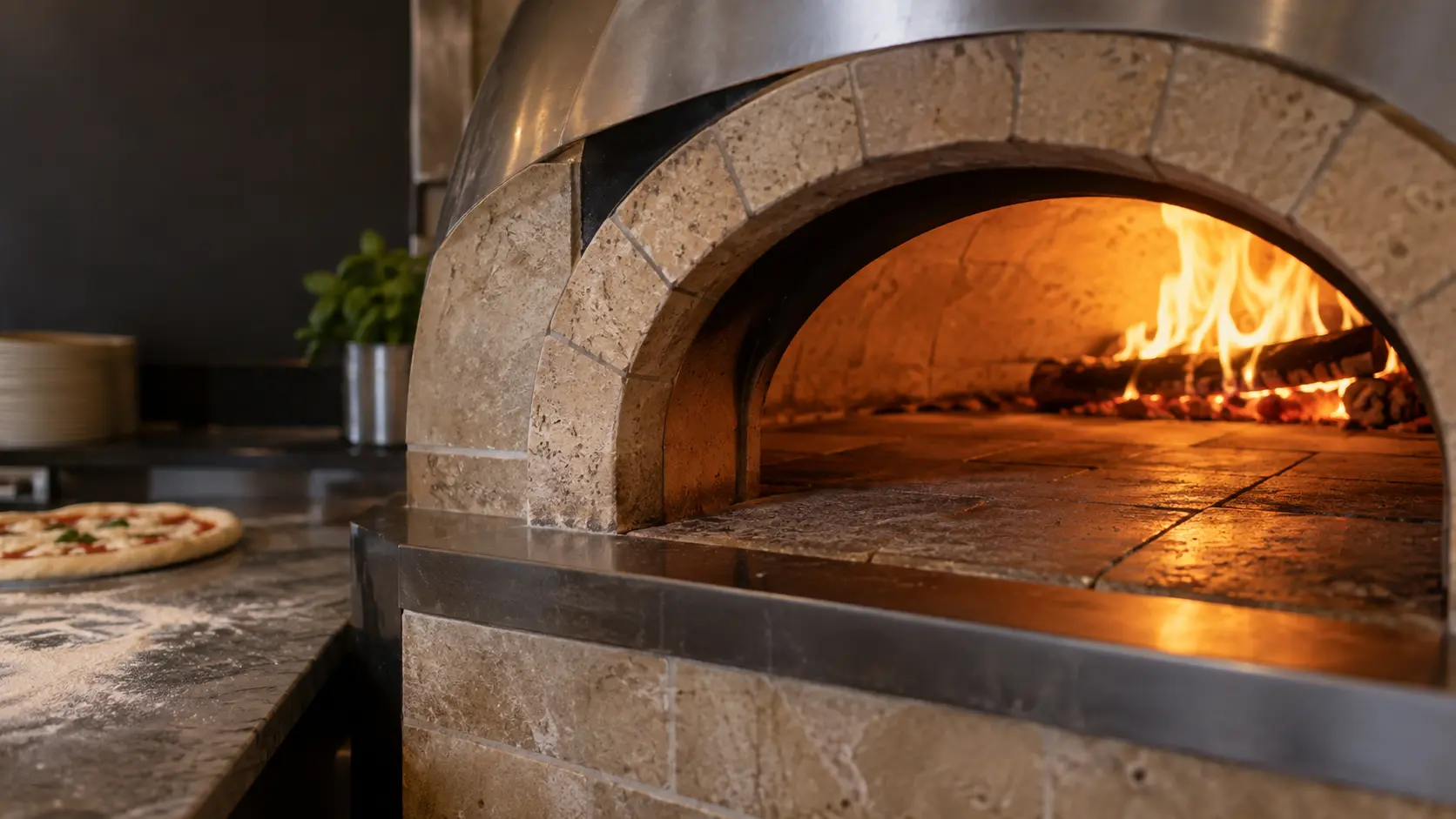 A pizzeria kitchen with a deck oven and travertine pavers, seen close at the pizza oven's mouth.
