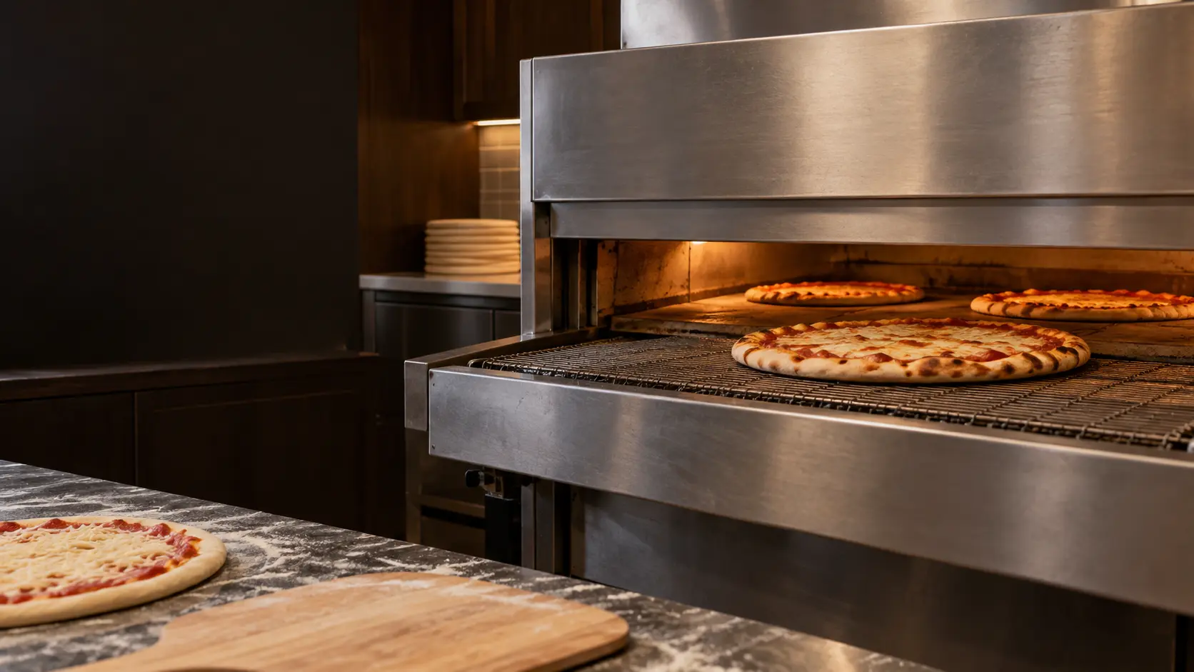 A pizzeria with a conveyor oven and dark walnut cabinets, seen close at the pizza oven's mouth.