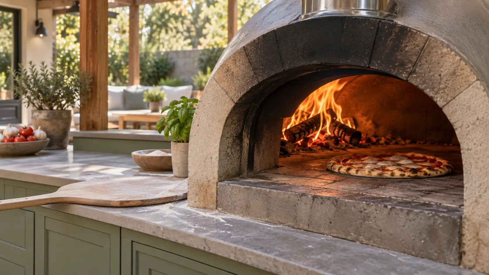 A backyard patio with a wood-fired pizza oven and sage green cabinets, seen close at the pizza oven's mouth.