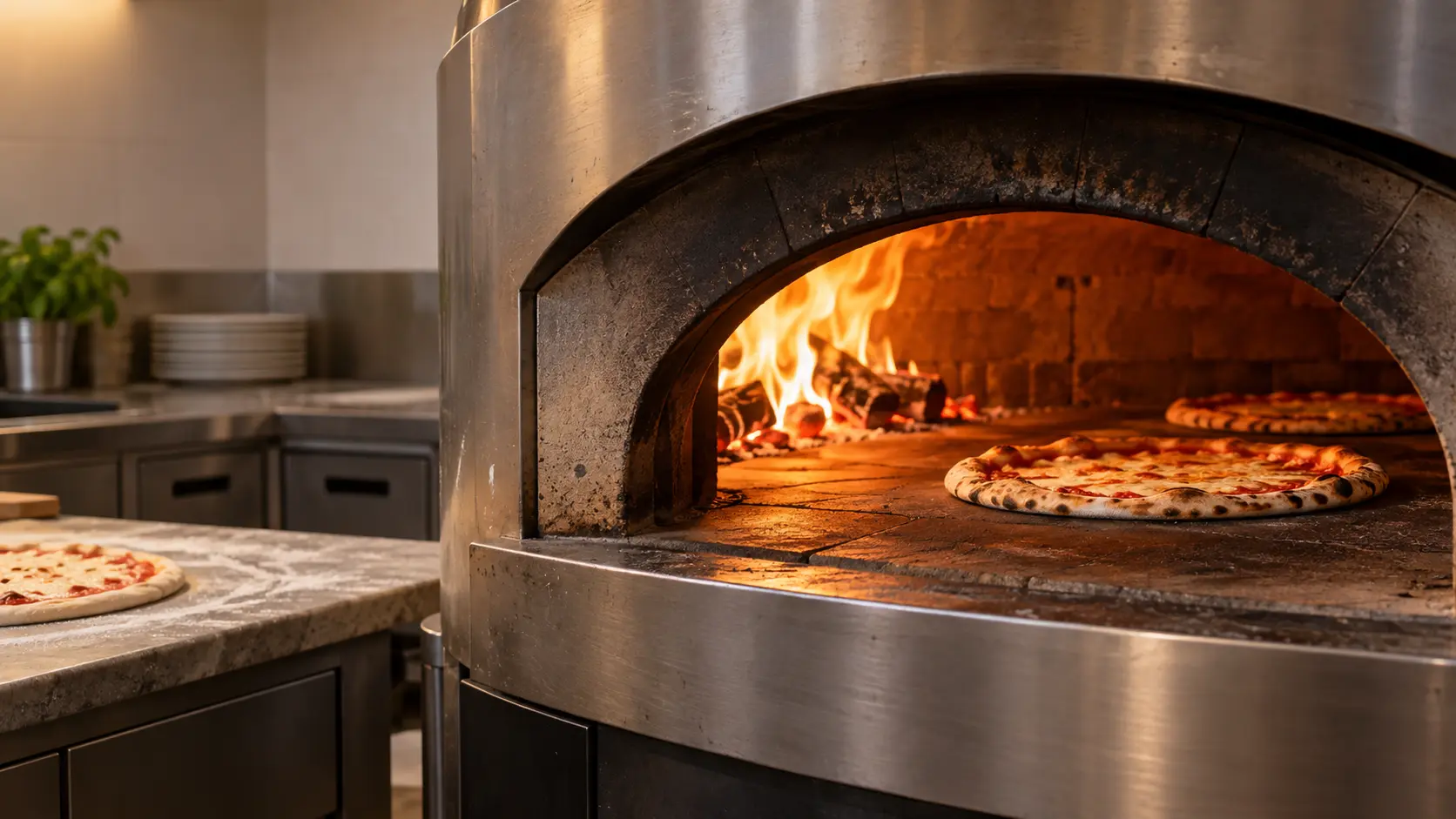 A pizzeria kitchen with a deck oven and gray slab cabinets, seen close at the pizza oven's mouth.