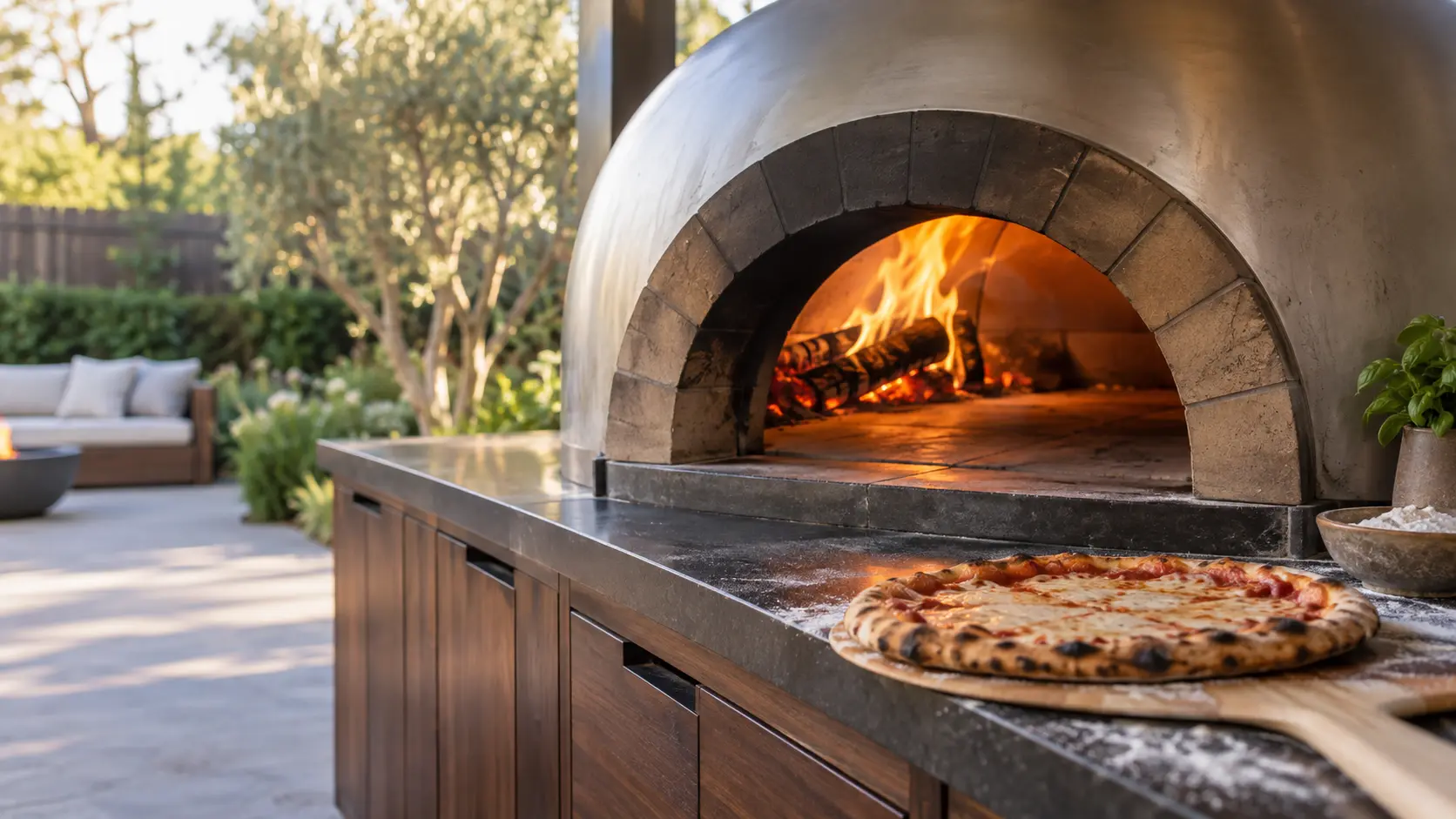A backyard patio with a wood-fired pizza oven and dark walnut cabinets, seen close at the pizza oven's mouth.