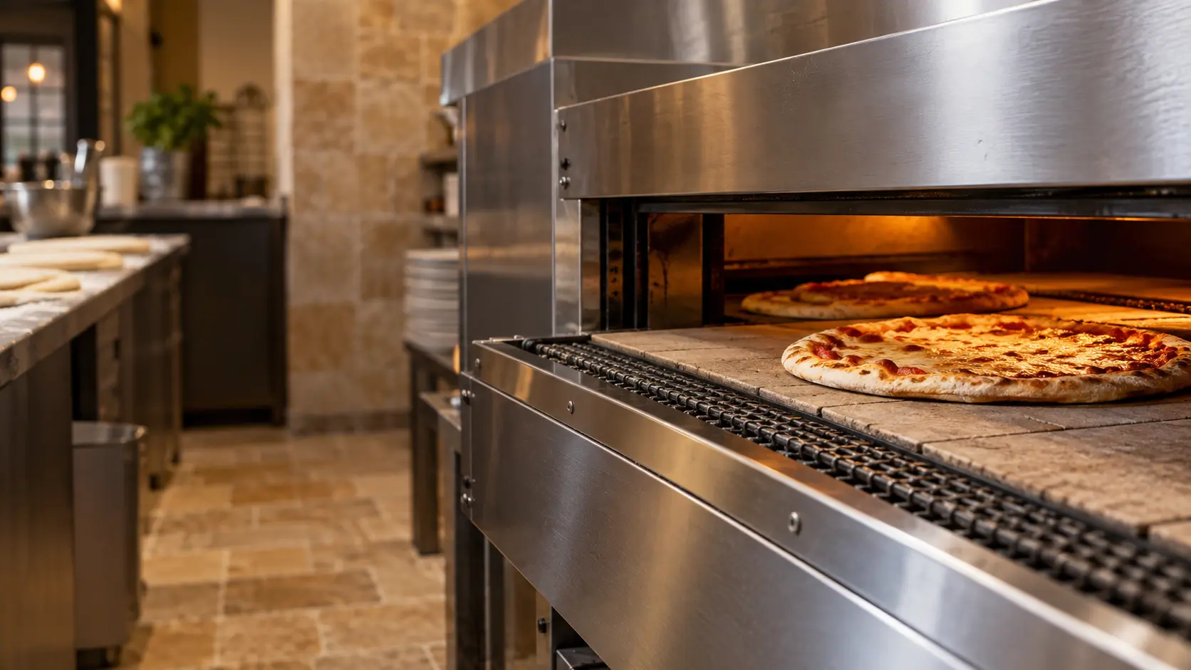 A pizzeria with a conveyor oven and travertine pavers, seen close at the pizza oven's mouth.