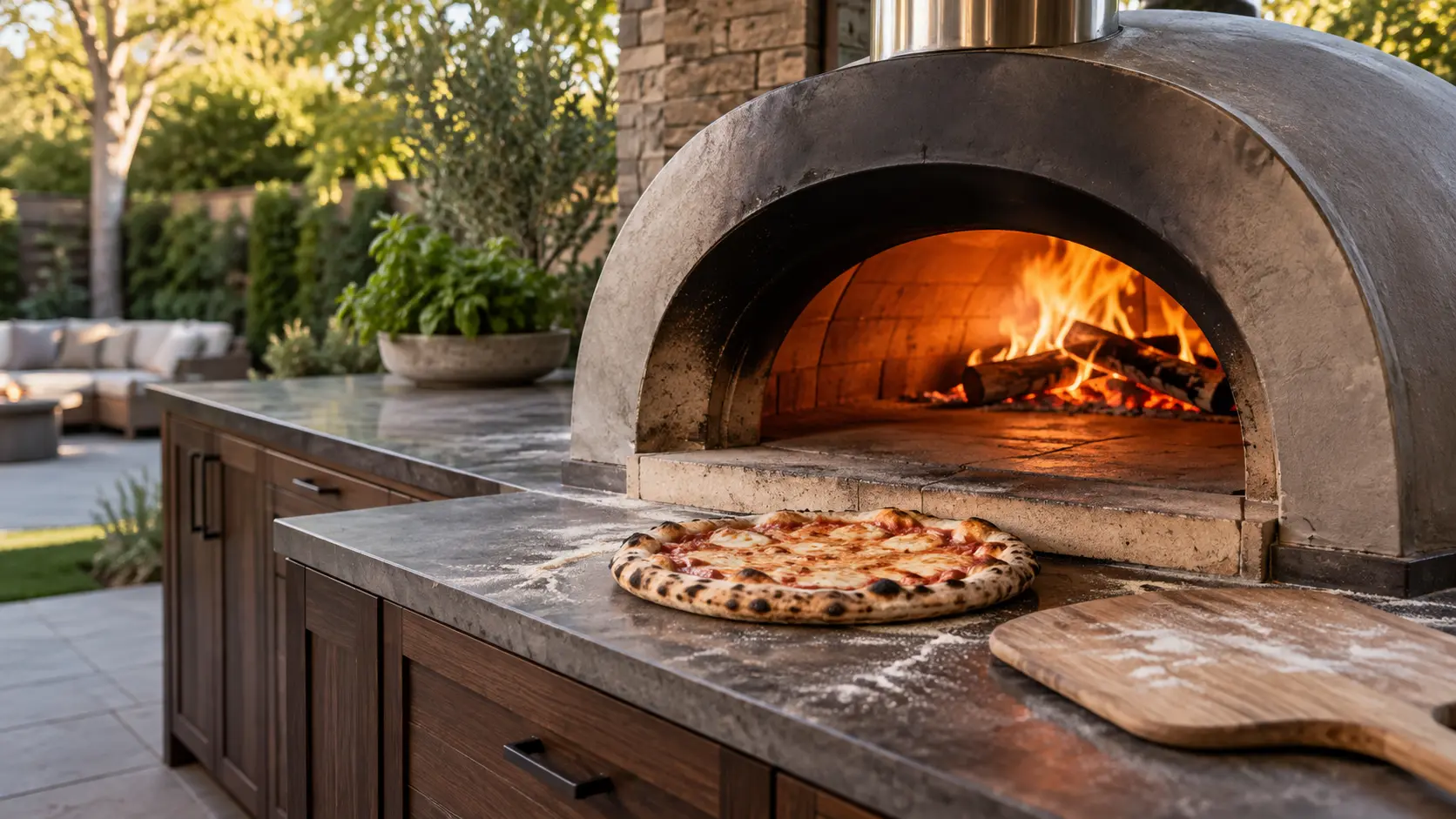 A backyard patio with a wood-fired pizza oven and dark walnut cabinets, seen close at the pizza oven's mouth.