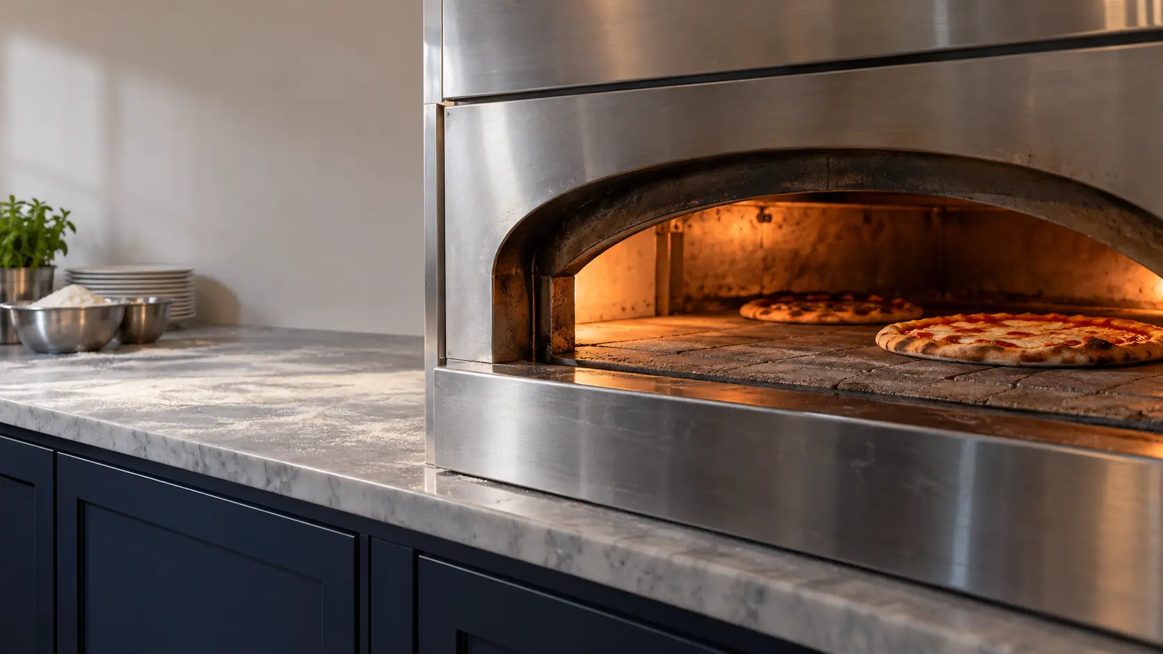 A pizzeria kitchen with a deck oven and navy painted cabinets, seen close at the pizza oven's mouth.