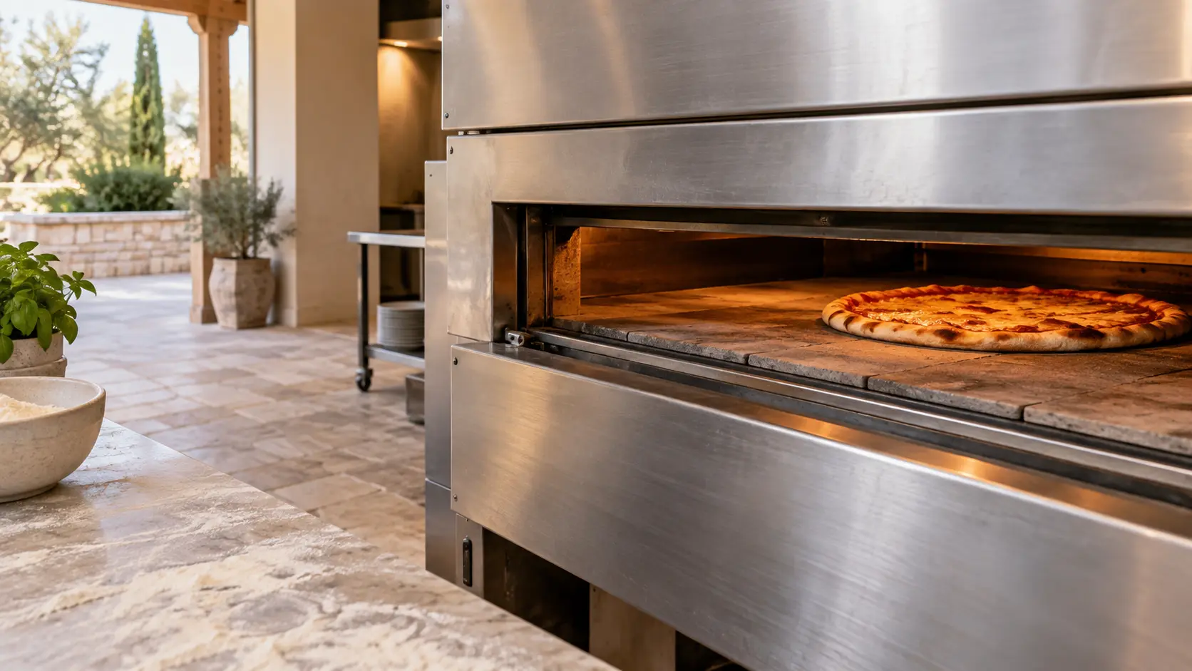 A pizzeria with a conveyor oven and travertine pavers, seen close at the pizza oven's mouth.
