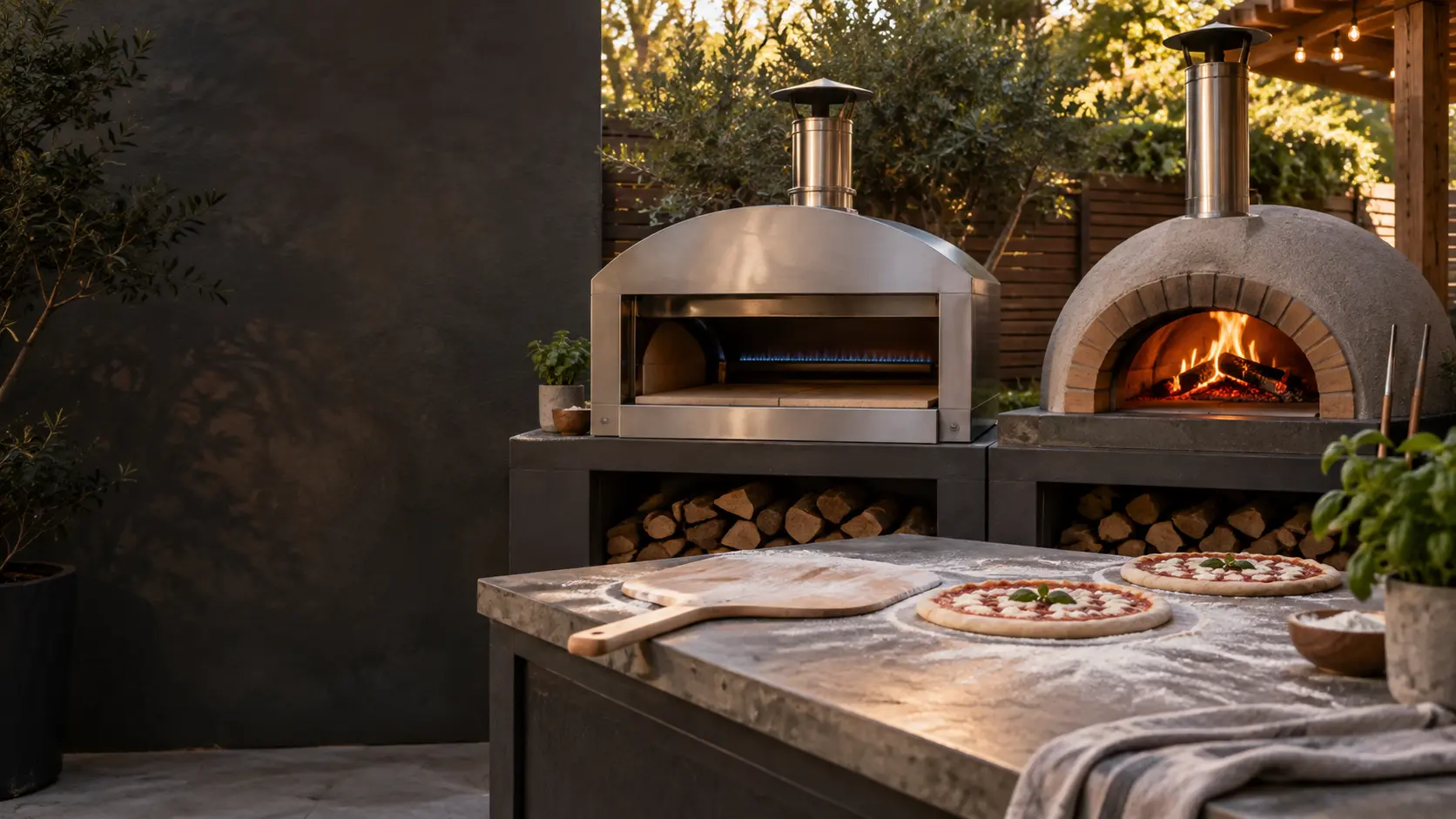 A gas pizza oven and a wood-fired pizza oven side by side on one patio.