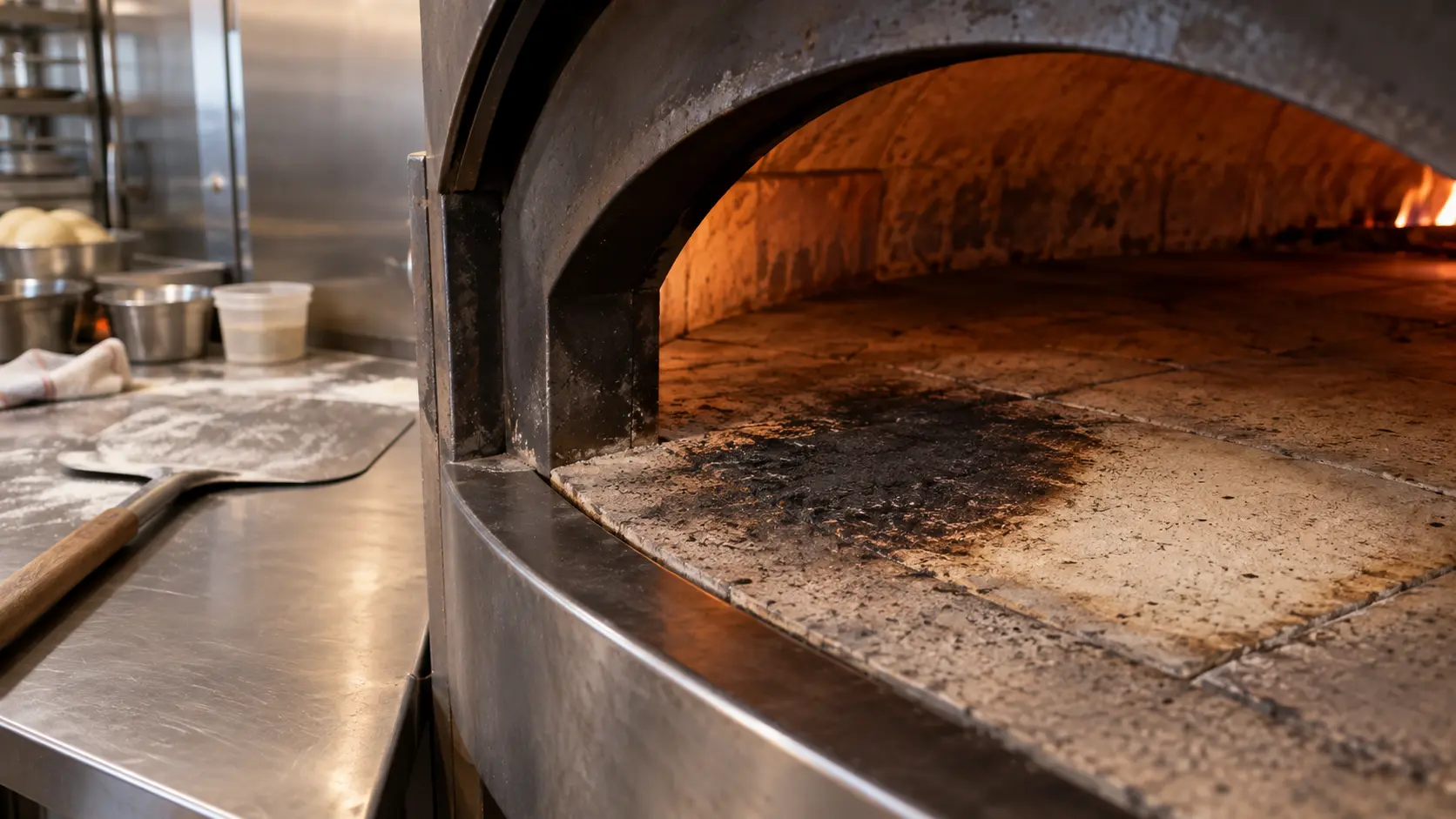 A pizza oven's stone floor with one scorched patch beside a pale one, seen close.