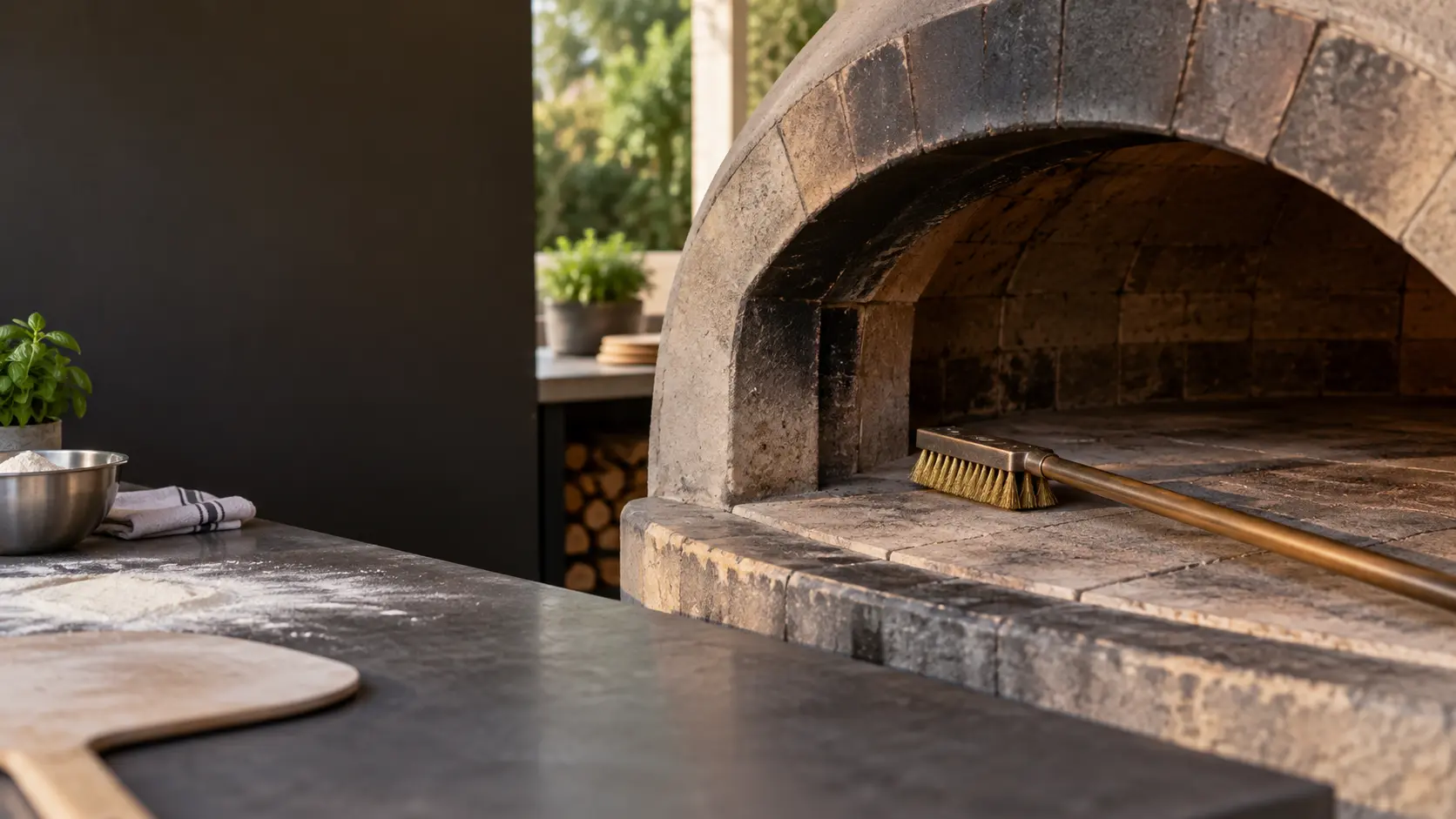 A long brass brush resting on the cold stone floor of a pizza oven.
