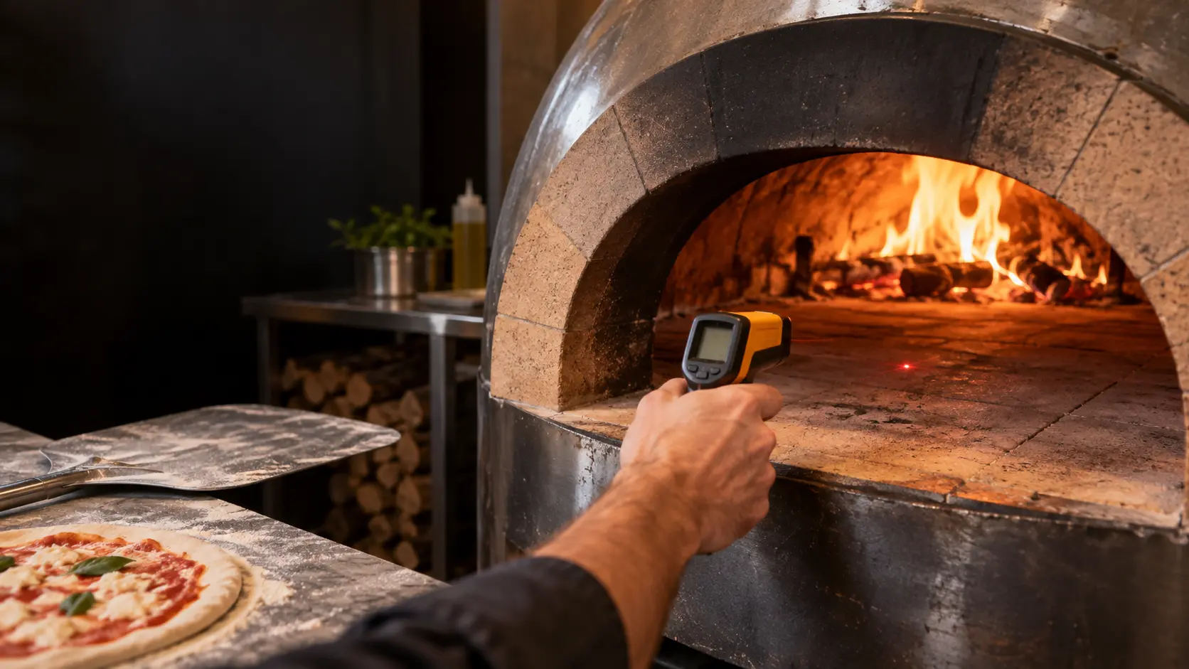 A thermometer gun pointed at the stone floor of a pizza oven.