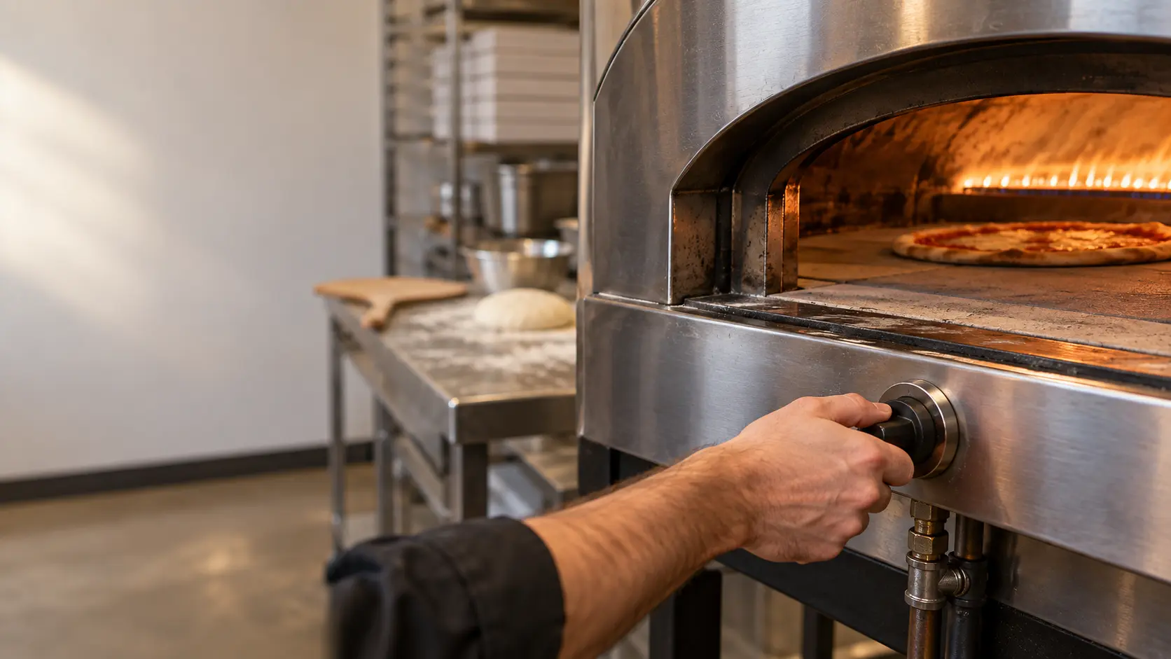 A hand holding the knob of a pizza oven's gas valve in the off position.