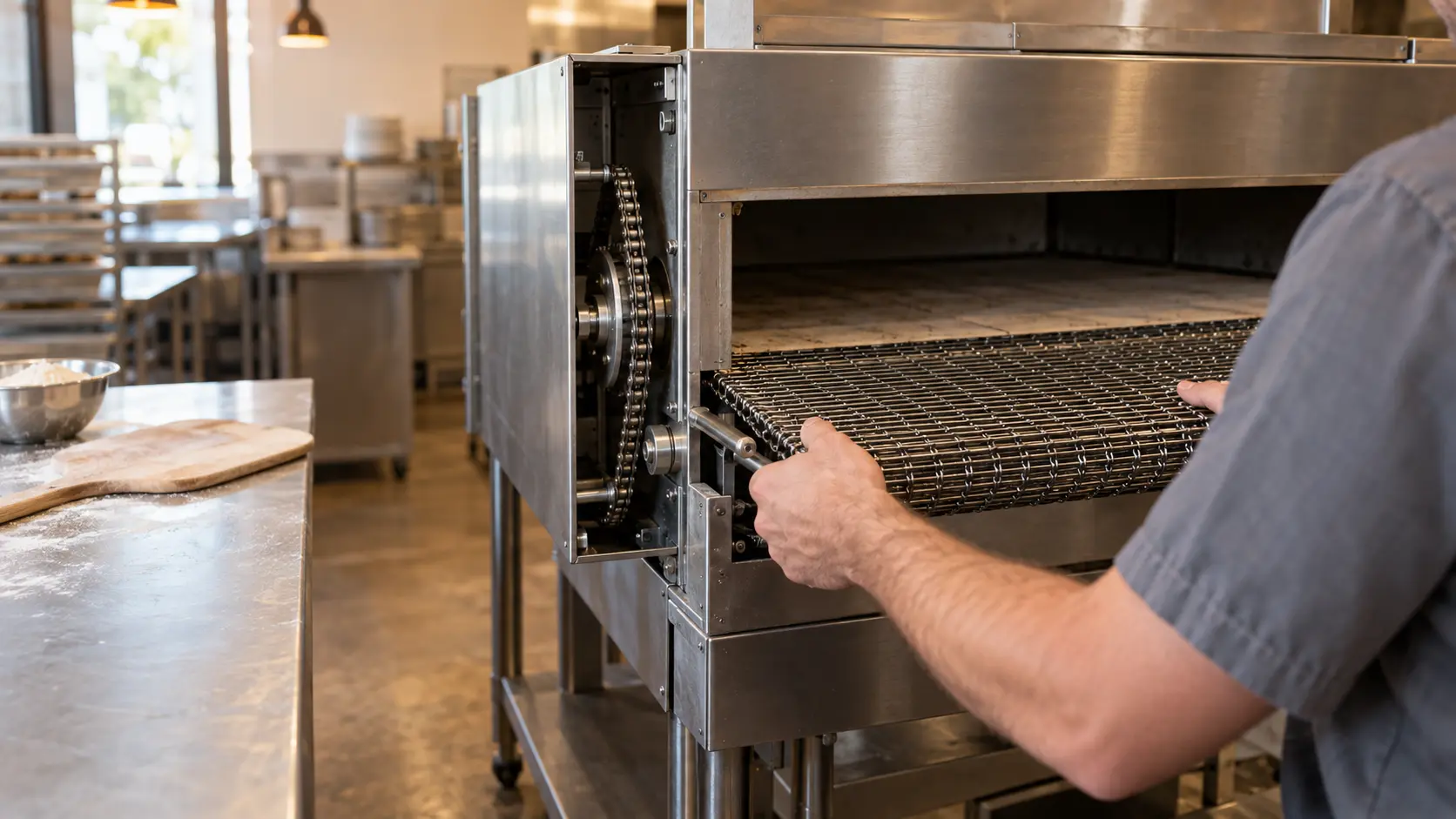 A technician in a plain gray work shirt fits a length of stainless wire belt at the open end of a cold conveyor pizza oven in a pizzeria, the conveyor pizza oven's end panel removed to show a sprocket and drive chain, the tunnel empty, warm indoor light.
