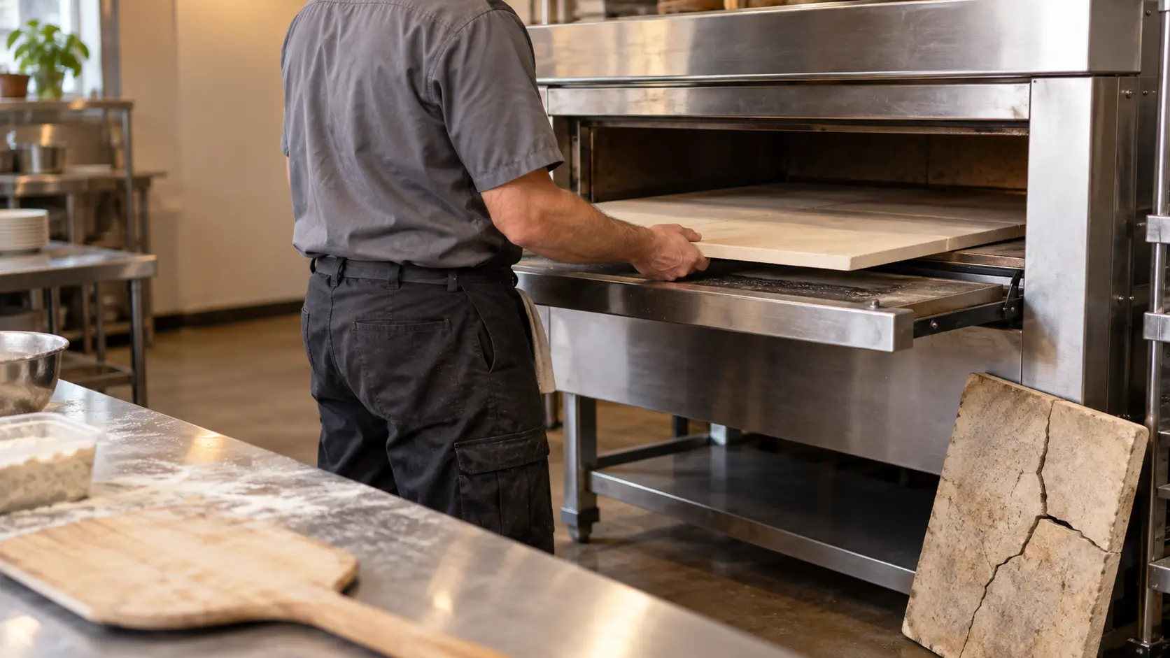 A technician in a plain gray work shirt slides a new pale stone deck into the open chamber of a cold stainless deck pizza oven in a pizzeria, the pizza oven's cracked old stone leaning against its legs, the chamber door held open, warm indoor light.