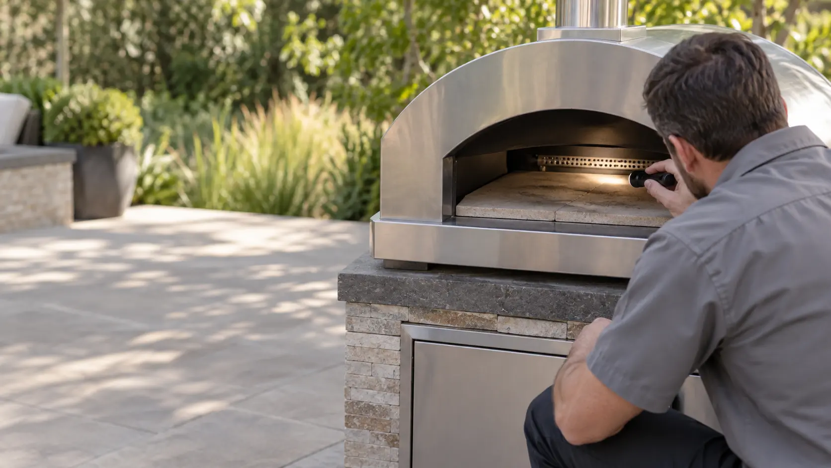 A technician in a plain gray work shirt kneels beside a cold stainless outdoor pizza oven on a patio, shining a small flashlight into the pizza oven's mouth at the stone floor, the burner shield visible at the back, his hands away from any gas fitting, plants softly blurred behind, daylight, seasonless.