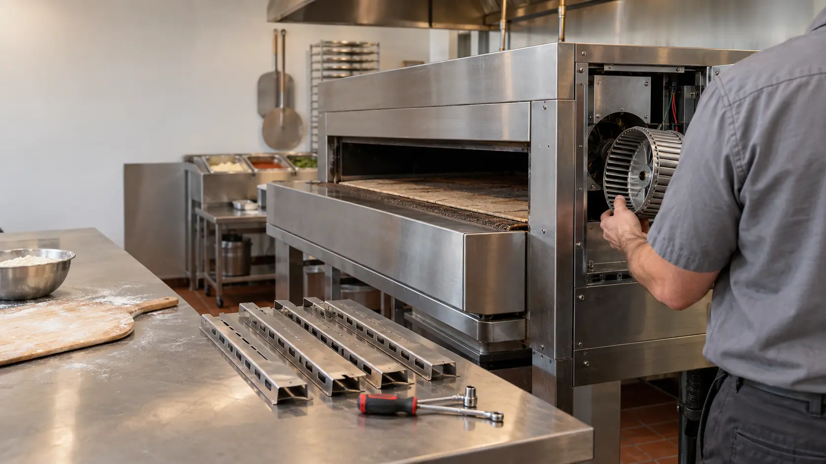 A technician in a plain gray work shirt holds a blower wheel beside the open side panel of a cold conveyor pizza oven in a pizzeria, the pizza oven's rows of stainless air fingers pulled out and laid on a clean counter, warm indoor light.