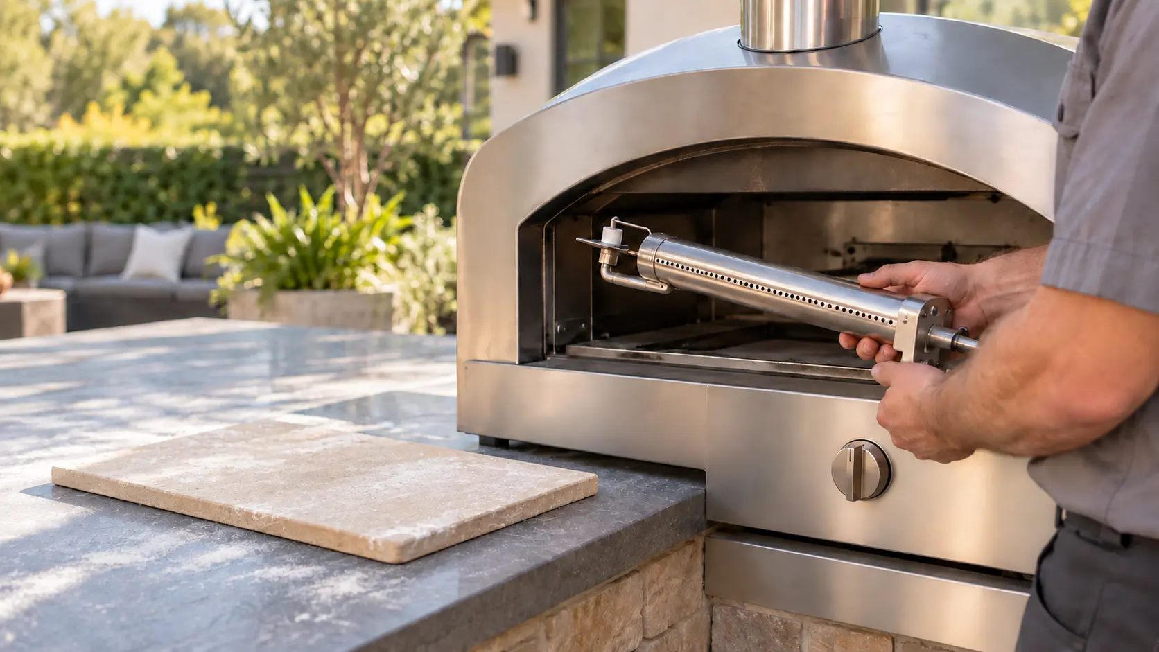 A technician in a plain gray work shirt holds a new stainless tube burner beside an open cold stainless pizza oven on a patio, the pizza oven's stone floor lifted out and resting on the counter, a spark electrode with a white ceramic body visible at the burner end, the gas knob at off, daylight, seasonless.