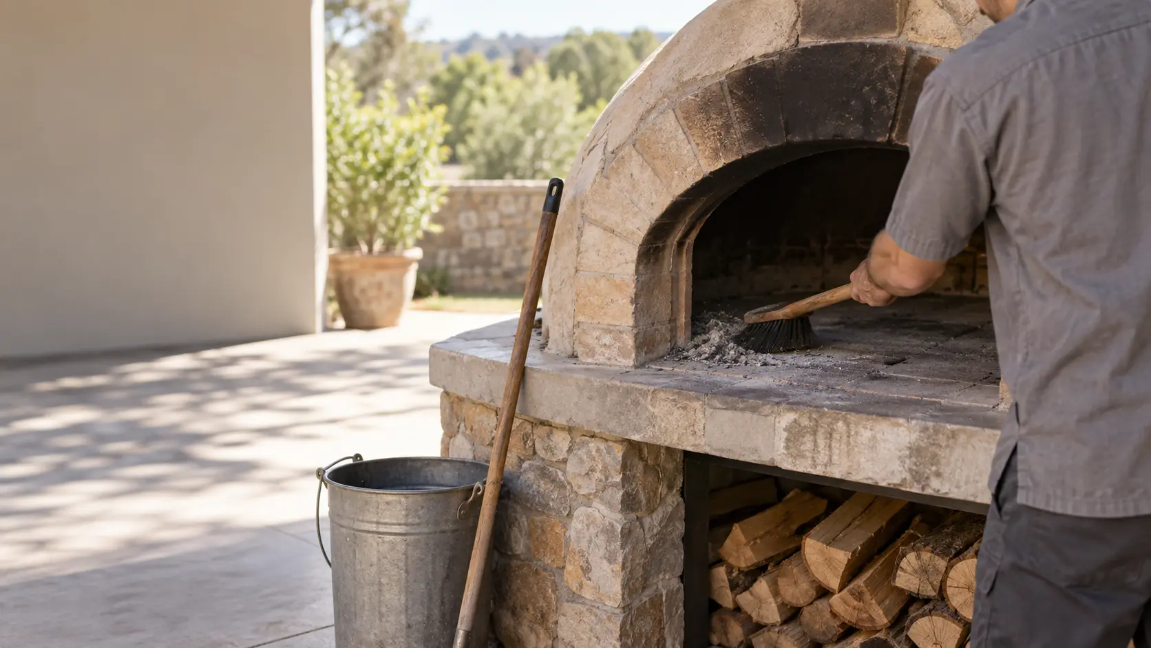 A technician in a plain gray work shirt brushes ash out of the brick floor of a cold domed wood-fired pizza oven, the pizza oven's mouth open and the fire long out, a metal ash bucket and a long-handled brush beside the mouth, daylight, seasonless.