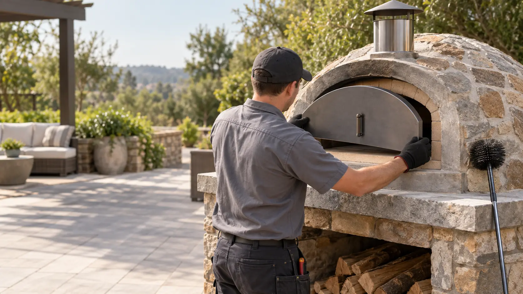A technician in a plain gray work shirt stands at the mouth of a cold domed wood-fired pizza oven, fitting a new arched steel door into the pizza oven's opening, a short chimney with a new cap rising just above, a chimney brush leaning against the base, daylight, seasonless.