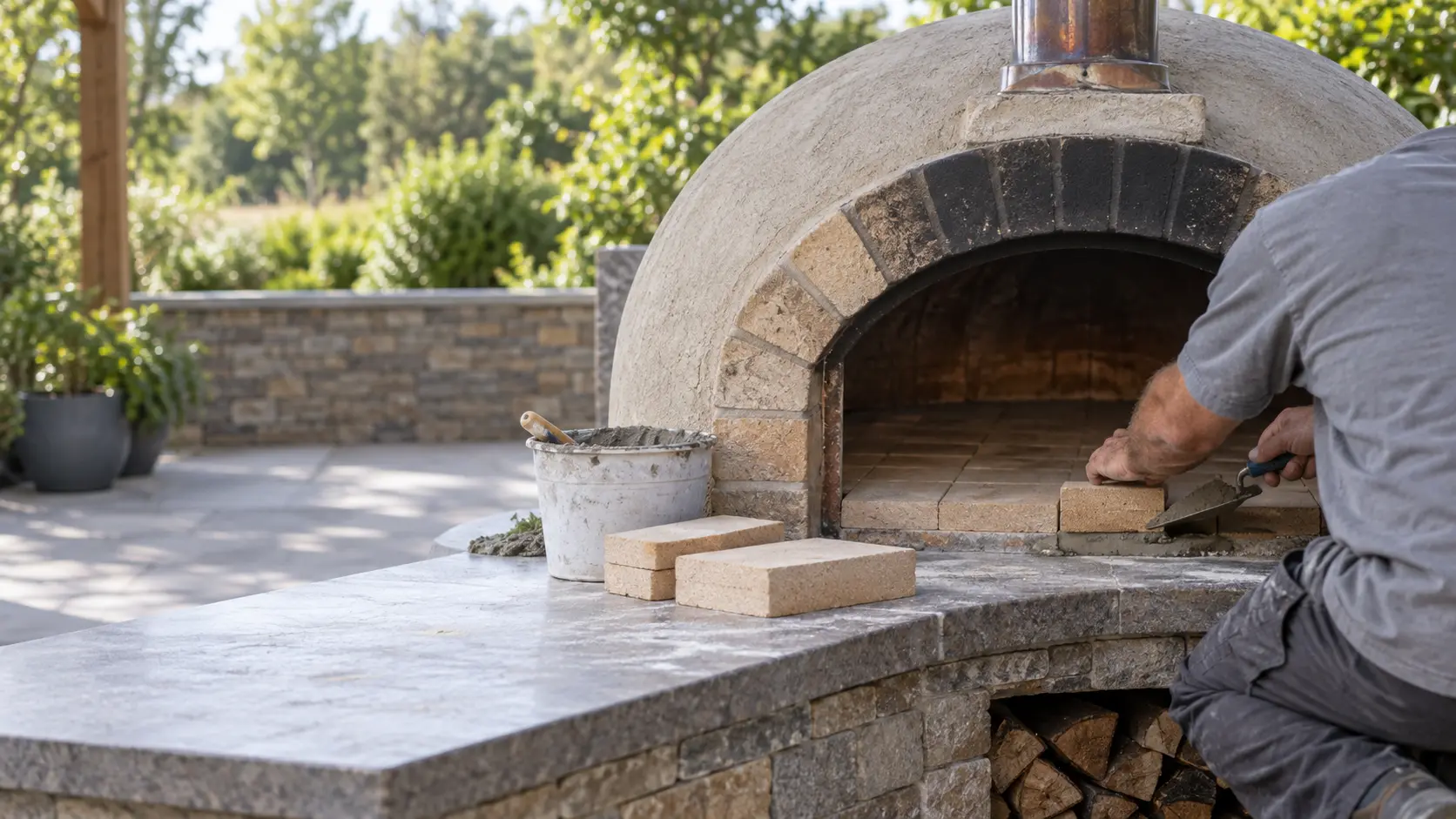 A technician in a plain gray work shirt kneels at the arched mouth of a cold domed wood-fired pizza oven, setting a new firebrick into the pizza oven's brick floor with a trowel, a bucket of mortar and a few loose bricks on the counter beside the mouth, daylight, seasonless.