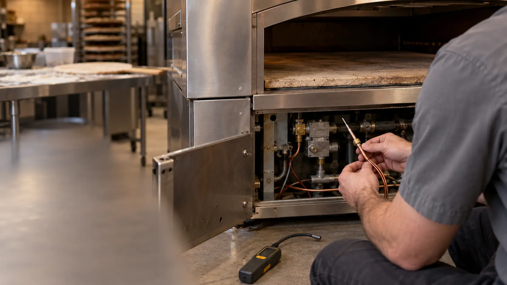 Close view of the open lower access panel of a cold stainless deck pizza oven in a pizzeria, a technician in a plain gray work shirt holding a new copper thermocouple beside the pizza oven's gas valve, a plain handheld gas detector on the floor, warm indoor light.